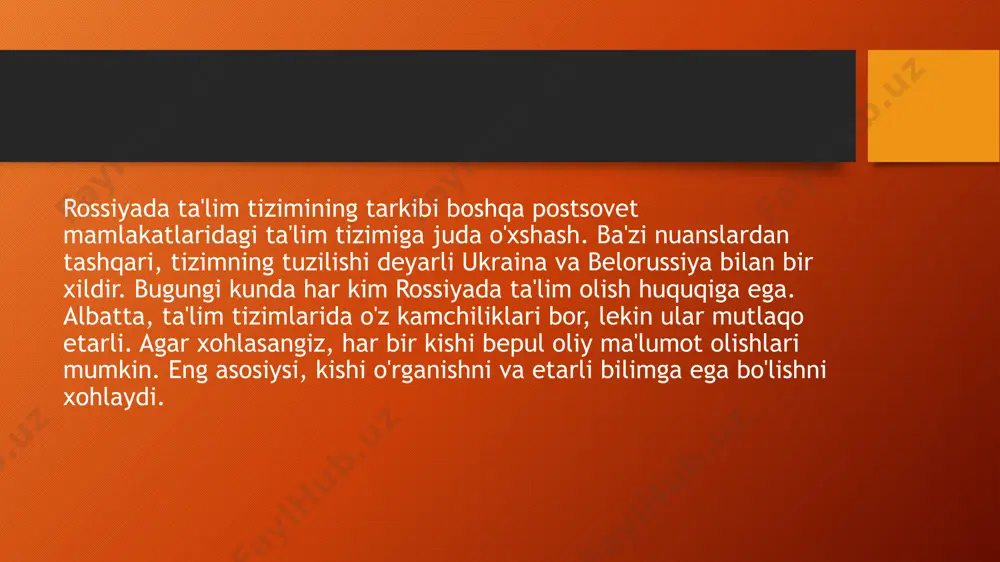 hi hokimiyatni qirol (qirolicha) va parlament (u ikki palatadan iborat: lordlar palatasi va jamoalar palatasi), ijrochi hokimiyatni bosh vazir boshchiligidagi hukumat (vazirlar mahkamasi) amalga oshiradi. bosh vazirni qirol (qirolicha) tayinlaydi. hukumat aʼzolari parlament aʼzolaridan boʻlishi kerak. buyuk britaniya tarkibidagi angliya, uels va shotlandiya oʻzining sud tizimiga, mahalliy boshqaruv organlariga ega. shimoliy irlandiya maʼmuriy muxtoriyat huquqiga ega boʻlib, uni qirol (qirolicha) tayinlagan gubernator boshqaradi. buyuk britaniya oʻtmishda britaniya imperiyasi tarkibida boʻlgan mamlakat va hududlarni birlashtiruvchi hamdoʻstlikka boshchilik qiladi. buyuk britaniya ta'lim tizimi quyidagilarni o'z ichiga oladi: asosiy: 1. bolalar bog'chasi. uch o'n sakkiz yilgacha bolalar uchun to'la-asr maktablar 2.. junior maktablar va boshlang'ich maktablar bo'linadi yosh talabalar uchun 3. institutlar. junior maktablar etti dan o'n uch yoshgacha bolalar ishtirok etdi. ular ob'ektlarini maxsus umumiy boshlang'ich davrini o'rgatgan va yuqori maktabda o'qishlari uchun zarur bo'lgan o'lim bo'lgan sinov ta'lim tugaydi. boshlang'ich maktablar to'rt o'n yoshgacha bulgan bolalar qabul qilinadi. trening ikkinchi va …
