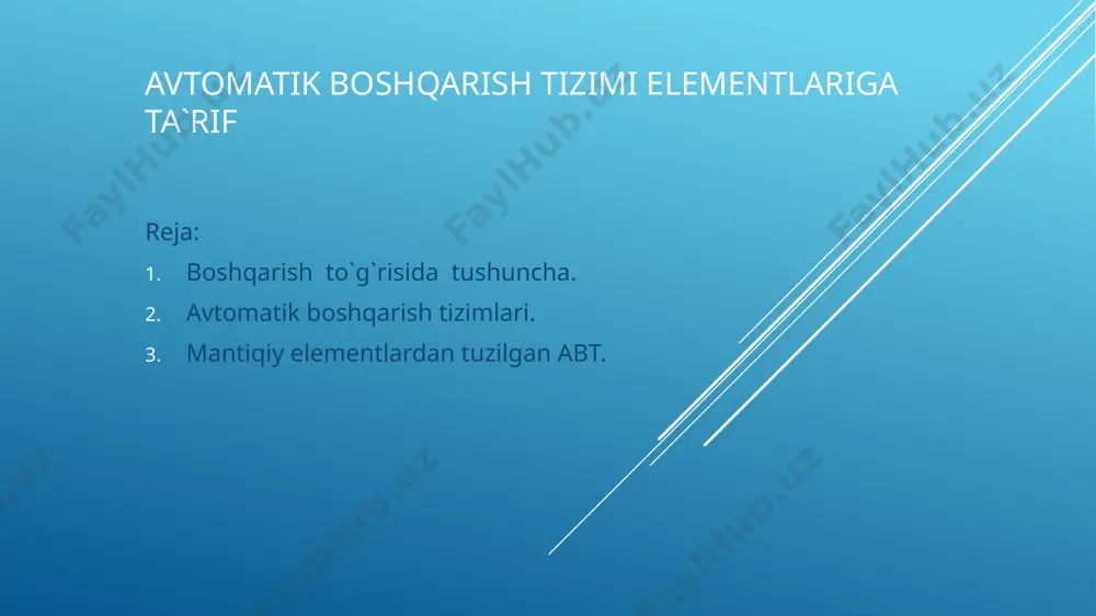 teristikalari, ularning turg‘unligi sintez masalalari va korreksiya qiluvchi bo‘g‘inlarni tanlash, nochiziqli impuls tizimlar bo‘yicha yo‘nalish profiliga mos bilimlar darajasini ta’minlashdir. o‘quv fani o‘quv rejasida rejalashtirilgan umumkasbiy (elektrotexnikaning nazariy asoslari, elektr yuritma asoslari, emt modellashtirish) fanlarini bilishga asoslanadi xamda ixtisoslik fanlarini o‘zlashtirishda asos vazifasini o‘taydi. ushbu o‘quv fani avtomatik boshqarish nazariyasi bo‘yicha ixtisoslik fanlarini o‘zlashtirishda asos bo‘lib xizmat qiladi. xxi asr xalq xo‘jaligining barcha sohalariga kirib borib, o‘zining mustahkam o‘rnini egallagan avtomatika bu bir fan va texnikaning yo‘nalishi bo‘lib, o‘z ichiga avtomatik boshqarishning nazariyotini va amaliyotini hamda avtomatik tizimlarini tuzilishi qonuniyatlarini va u asoslagan texnik jihozlarni oladi. avtomatika yuqori darajadagi aniqlikda texnologik jarayonlarni amalga oshirishni ta’minlash bilan bir qatorda mehnat unumdorligini sezilarli darajada oshiradi, ishchi-xizmatchi xodimlarning sonini kamaytiradi, jarayonlarni effektivligini ko‘taradi, ishlab chiqariladigan mahsulot sifatini yaxshilaydi va eng muhimi, inson oyog‘i etishi qiyin bo‘lgan erlarda (atom ishlab chiqarishda, fazoda, va h.k) kerakli ish jarayonlarini amalga oshira oladi. mashina va agregatlar ishlab …