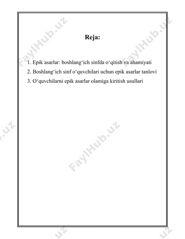 o'la oladi. ushbu eposlar orqali e'tiqod va jasorat kabi eng kadimiy tushunchalarni, inson qadrini anglab etish mumkin. uchinchidan, epik asarlar o'quvchilarda tasavvurni va ijodiy fikrlashni rivojlantiradi. epik rivoyatlar va qahramonlik hikoyalari fantaziya va kreativ fikrlashga imkon yaratadi. o'quvchilar epik qahramonlarning sayohatlari, janglari va hayotiy sinovlarida o'zlarini ko'rib, ularning his-tuyg'ularini tasavvur qilishadi, bu esa ularning ijodiy qobiliyatlarini rivojlantiradi. to'rtinchidan, epik asarlarning o'rganilishi tarix va madaniyat haqida ko'proq ma'lumot beradi. bu asarlar orqali o'quvchilar o'z tarixini, urf-odatlarini, xalqning milliy qadriyatlarini o'rganadi. bugungi kunda o'zbek epik merosini o'rgatish orqali yosh avlodning ma'naviy boyligini oshirish mumkin. beshlik, statistikaga ko'ra, epik asarlar bilan ishlash boshlang'ich sinflarda o’quvchilarning matnni anglash va talqin qilish qobiliyatlarini 25% ga oshiradi. shunga qo’shimcha ravishda, bu jarayon o’quvchilarning adabiy bilimlarini va jamoaviy munozaralarda ishtirok etish faolligini ham kuchaytiradi. bundan tashqari, epik asarlar milliy madaniyatning bir qismi sifatida milliy g'ururni shakllantirishga katta hissa qo'shadi. milliy qahramonlar va etik me'yorlarni yorituvchi asarlar bolalarni …
