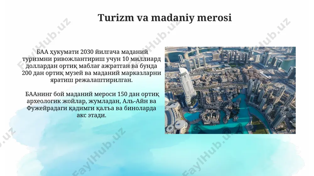 amirliklari 7 ta amirlikdan iborat bo'lib, ularning eng kattasi abu-dabi hisoblanadi va mamlakatning yalpi ichki mahsulotiga 60% dan ortiq hissa qo'shadi. baaning quruqlikdagi chegarasi faqat saudiya arabistoni bilan 457 km ni tashkil etadi, ammo dengiz orqali jahonning ko'plab davlatlari bilan savdo aloqalarini rivojlantiradi. an'anaviy va zamonaviy me'morchiligi sharja shahridagi ko'plab masjidlarning arxitekturasida an'anaviy islom uslublari va zamonaviy dizayn elementlari muvaffaqiyatli qo'llanilgan, bu 21-asrda diniy binolarni qurishda yangi yondashuvning yorqin namunasidir. an'anaviy me'morchilikning o'ziga xos xususiyati – qal'a devorlari va minoralari shaklidagi shaharlar, masalan, al-ain shahri tarixiy markazida ko'rish mumkin bo'lgan 18-asrga oid mudofaa inshootlarining ko'plab namunalari mavjud. savol-javob баада 7 та амирлик мавжуд бўлиб, уларнинг ҳар бири ўз қонунлари ва маъмурий тузумига эга, аммо федерал ҳукумат дубай ва абу-даби каби катта шаҳарларнинг ривожланишини мувофиқлаштиришда муҳим роль ўйнайди. баанинг ялпи ички маҳсулоти (яим) 2022 йилда 800 миллиард ақш долларидан ошган бўлиб, бу минтақадаги иқтисодий ўсишнинг юқори кўрсаткичидир ва бу рақам туризм …