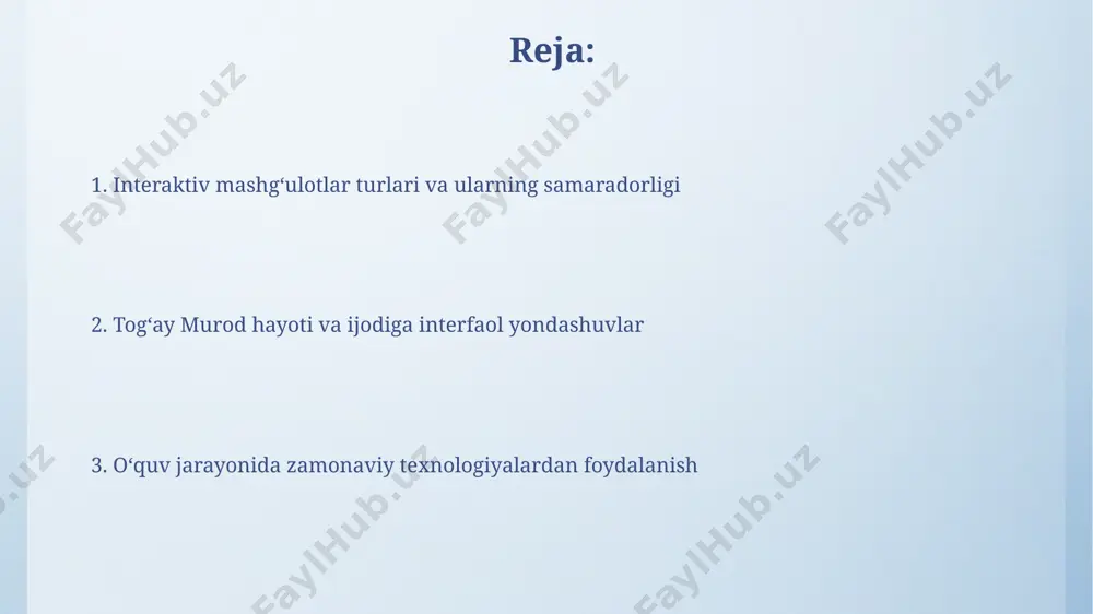ishda interfaol usullar virtual sayohatlar yordamida (google earth, 3d modellashtirish) togʻay murod yashab ijod qilgan davr va muhitini realistik tarzda koʻrsatib berish bilim olish samaradorligini 15-20% yuqorilatadi. togʻay murod ijodini chuqur oʻrganish uchun 5-10 kishilik guruhlarda “aqlli xarita” tuzish orqali asarlaridagi asosiy gʻoyalarni tahlil qilish va taqqoslash samarali boʻladi. interfaol oʻyinlar va mashqlar togʻay murod ijodini oʻrganishda 5-7-sinf oʻquvchilari uchun “kim tez?” kabi interfaol oʻyinlarni qoʻllash, ularning sheʼriyatga boʻlgan qiziqishini oshirish va tezkor fikrlash qobiliyatini rivojlantirishga yordam beradi. interfaol mashqlar sifatida, togʻay murodning 3 ta sheʼrini tahlil qilish va ularning asosiy gʻoyalarini, badiiy vositalarini guruhlarga boʻlib taqdim etish oʻquvchilarning hamkorlikda ishlash va muloqot qilish koʻnikmalarini rivojlantiradi. zamonaviy texnologiyalarni qoʻllash zamonaviy interfaol doskalar, masalan, smart board yordamida togʻay murod hayoti va ijodini aks ettiruvchi 3d modellashtirish, virtual ekskursiyalar va 5 dan ortiq interaktiv oʻyinlar yaratish mumkin. togʻay murodning asarlaridan parcha oʻqishni 10 dan ortiq talaba ishtirokida onlayn tarzda amalga oshirish uchun …