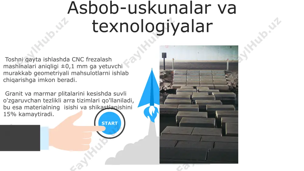 qini oshirishga va ijtimoiy xarajatlarning ko'payishiga olib keladi. tosh mahsulotlarining eksport salohiyati yuqori bo'lib, valyuta tushumining 15-25% ini tashkil etishi mumkin, ammo bu logistika va marketing xarajatlarini hisobga olgan holda. innovatsiyalar va yangiliklar 3d skanerlash va modellashtirish yordamida murakkab dizaynlarni yaratish va tosh mahsulotlarining individual buyurtmalarini 15% gacha arzonlashtiradi. suvsiz abraziv kesish texnologiyasi 20% gacha suv sarfini kamaytiradi va atrof-muhitga salbiy ta’sirini minimallashtiradi, shuningdek, 10% ga shovqin darajasini pasaytiradi. kelajak istiqbollari avtomatlashtirilgan qazib olish va qayta ishlash texnologiyalarining joriy etilishi natijasida ishlab chiqarish samaradorligi 20% ga oshishi va mehnat xarajatlarini kamaytirish mumkin. qayta ishlangan tosh materiallardan foydalanish 2030-yilga borib 25% ga oshishi va ekologik toza texnologiyalarni qo'llash orqali chiqindi miqdorini kamaytirish prognoz qilinmoqda. e'tiboringiz uchun rahmat @taqdimot_robot image5.jpg image6.jpg image7.jpg image8.jpg image9.jpg image10.jpg image11.jpg image12.jpg image13.jpg image14.jpg image15.jpg image16.jpg image17.jpg image1.jpeg image2.jpeg image3.jpeg image4.jpeg