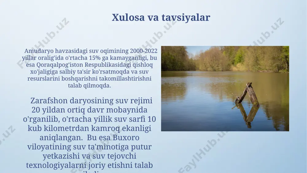 larning intensivligi va davomiyligining yildan-yilga 10-15% ga o'zgarishini aniqladi, bu esa irrigatsiya tizimlariga ta'sir qiladi. daryo oqimining ko'p yillik o'zgarishi amudaryo daryosining oqim miqdori 1960-yillardan boshlab 20% ga kamaygan, bu asosan suv iste'moli va suv omborlarini qurish bilan bog'liq. sirdaryo bo'ylab joylashgan farg'ona vodiysida o'rtacha yillik oqim 1970-yillarda 70 km³/yildan 2020-yillarda 50 km³/yilga qadar pasaygan. bu qishloq xo'jaligi ehtiyojlari va iqlim o'zgarishi ta'siriga bog'liq. oqim rejimining antropogen ta'siri chirchiq daryosining toshkent yaqinidagi oqim rejimiga 5 ta yirik gesning ta'siri, suvning mavsumiy taqsimlanishini oʻzgartirdi va biologik xilma-xillikni pasaytirdi, bu esa baliq populyatsiyasining 15% ga kamayishiga sabab boʻldi. oʻzbekistonning amudaryo havzasida 2000-yillardan beri suv olish hajmining 30% ga koʻpayishi, daryo oqimining sezilarli darajada kamayishiga va qoraqalpogʻistonning quyi oqimdagi hududlarida ekologik muammolarga olib keldi. muzli oqim rejimlari chatqol-qurama togʻlaridagi daryolarning muzli oqim rejimiga qor yogʻinlari ham sezilarli taʼsir koʻrsatadi, bu esa 20-40% gacha suv oqimini taʼminlaydi va qish oylarida muz qatlami ostida suv …