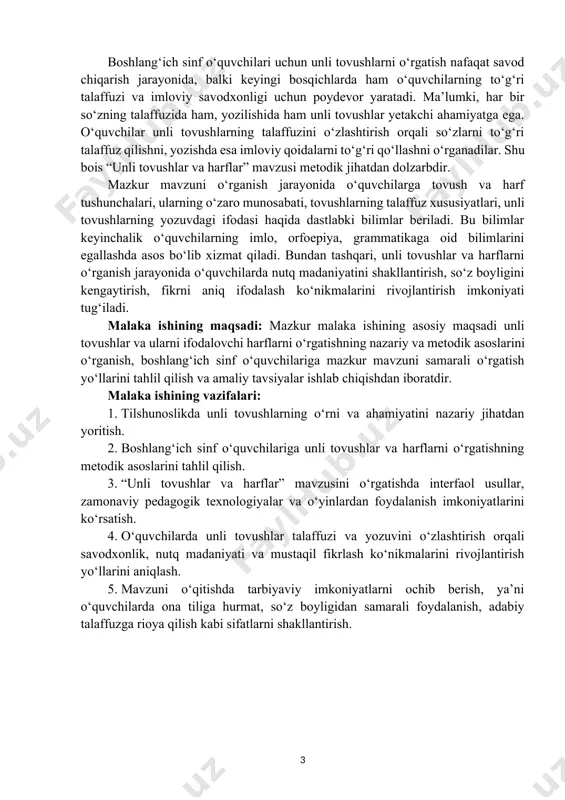 di. malaka ishining maqsadi: mazkur malaka ishining asosiy maqsadi unli tovushlar va ularni ifodalovchi harflarni o‘rgatishning nazariy va metodik asoslarini o‘rganish, boshlang‘ich sinf o‘quvchilariga mazkur mavzuni samarali o‘rgatish yo‘llarini tahlil qilish va amaliy tavsiyalar ishlab chiqishdan iboratdir. malaka ishining vazifalari: 1. tilshunoslikda unli tovushlarning o‘rni va ahamiyatini nazariy jihatdan yoritish. 2. boshlang‘ich sinf o‘quvchilariga unli tovushlar va harflarni o‘rgatishning metodik asoslarini tahlil qilish. 3. “unli tovushlar va harflar” mavzusini o‘rgatishda interfaol usullar, zamonaviy pedagogik texnologiyalar va o‘yinlardan foydalanish imkoniyatlarini ko‘rsatish. 4. o‘quvchilarda unli tovushlar talaffuzi va yozuvini o‘zlashtirish orqali savodxonlik, nutq madaniyati va mustaqil fikrlash ko‘nikmalarini rivojlantirish yo‘llarini aniqlash. 5. mavzuni o‘qitishda tarbiyaviy imkoniyatlarni ochib berish, ya’ni o‘quvchilarda ona tiliga hurmat, so‘z boyligidan samarali foydalanish, adabiy talaffuzga rioya qilish kabi sifatlarni shakllantirish. 1. unli tovushlarning xususiyatlari va talaffuzi tilimizdagi har bir tovushning o‘ziga xos vazifasi bor. tovushlar bir-biriga qo‘shilib, so‘zlarni hosil qiladi. so‘zlar esa gapni, gaplar matnni hosil qiladi. shunday …