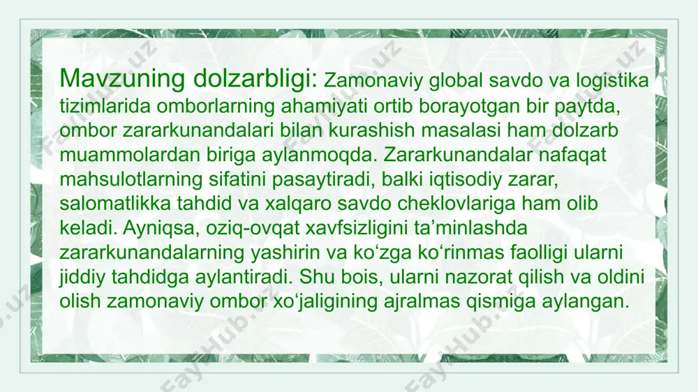 hasharotlar, kenjalar, kemiruvchilar va mikroorganizmlar tushuniladi. bu zararkunandalar mahsulotlarning sifatini, og‘irligini, tozaligini buzadi, ularning to‘g‘ridan-to‘g‘ri iqtisodiy zarariga sabab bo‘ladi, ayrim hollarda esa iste’mol uchun yaroqsiz holga keltiradi. ombor zararkunandalari ko‘pincha yashirin hayot tarzini kechiradi, ular mahsulotlar orasida yoki ichida yashab, ko‘payib boradi. ularning hayot faoliyati, ayniqsa, iliq va nam sharoitlarda juda faollashadi. bu hasharotlar va boshqa organizmlar inson e’tiboridan chetda qolgan joylarda tez ko‘payib, katta miqdordagi zaxiralarni yo‘q qiladi. ombor zararkunandalarining tasnifi turli mezonlarga ko‘ra amalga oshiriladi. ularning biologik guruhlari, yashash joylari, oziqlanish shakllari va zararlash usullariga ko‘ra tasniflash mumkin. zararkunandalar morfologiyasi: tashqi va ichki tuzilma tahlili. ombor zararkunandalarining morfologiyasi ularning biologiyasi, yashash sharoitiga moslashuvi va mahsulotga yetkazadigan zarari bilan bevosita bog‘liqdir. ularning tashqi va ichki tuzilmalari har bir turning hayot tarzi va rivojlanish bosqichlariga qarab o‘ziga xos xususiyatlarga ega. morfologik tuzilmani chuqur o‘rganish orqali zararkunandalarni aniqlash, ularning qanday sharoitda yashashi, qanday oziqlanishi, qanday ko‘payishi va mahsulotga qanday ta’sir ko‘rsatishini …