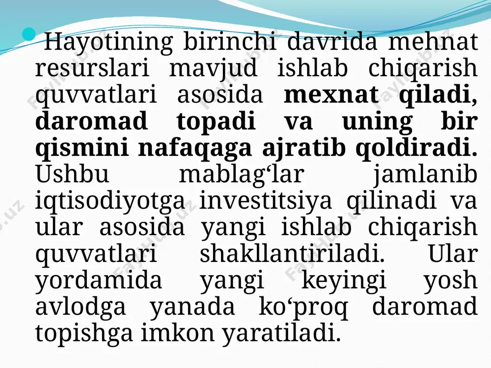 lanadi. jamg‘armalar va investitsiyalar o'rtasidagi farqning kattaligi jamg‘armalarning kapitallashuvini ta’minlash mexanizmining yetarlicha taraqqiy etmaganligi bois, bugungi kunda investitsiyalash uchun foydalanilmayotgan resurslarning yetarlicha ekanligini ko‘rsatib beradi. mamlakatimizda uy xo‘jaliklarining jamg‘armalaridan investitsion jarayonlarda foydalanish darajasi hamon pastligicha qolmoqda. aholi daromadlarining kapitallashuvi, shaxsiy jamg‘armalaming investitsiyalarga aylanishi ma’lum darajada kapital chegaralarini kengaytiradi, deyarli har bir uy xo‘jaligi a’zosini bir paytning o‘zida ham ishlab chiqaruvchi va investorga aylantirib qo‘yadi. shu sababli ham, ko‘pchilik mamlakatlarda aholi omonatlarini himoyalash davlatning muhim funksiyalaridan biri hisoblanadi. aholi jamg‘armalari kapitallasha borib, investitsion resurslarning muhim manbalaridan biriga aylanadi. zero, jamg‘armalar hajmi qanchalik katta bo‘lsa va faol tarzda kapitallasha borsa, investitsiyalash natijasiga bogiiq ravishda shaxsiy daromadlarning shakllanishi ham shuncha katta ijobiy o‘zgarishga ega bo`ladi uy xo‘jaliklarining moliyaviy resurslaridan samarali foydalanish uchun aholining jamg‘arish borasidagi faolligini oshirish talab etiladi. bu esa o‘z navbatida xususiy manbalar va mablag‘lar hisobiga investitsion resurslarni shakllantirish; inflyatsion jarayonlarni jilovlagan holda yaxlit tarzda pul muomalasi va pul-kredit tizimini barqa …