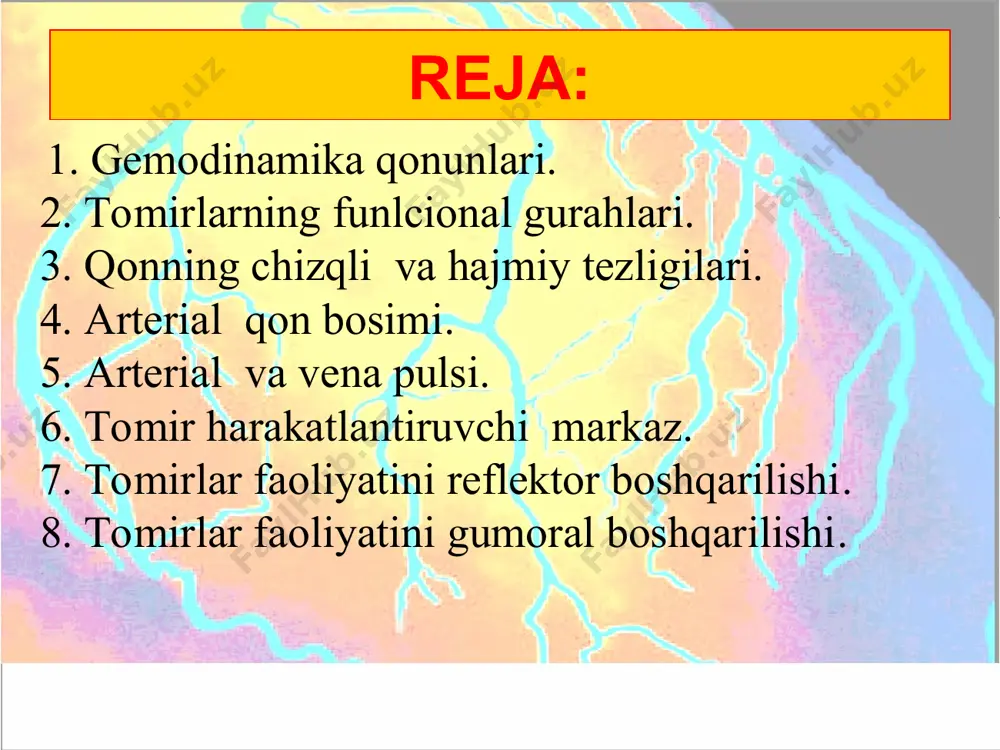 kapillyarlarda 0,5 mm\s ga kavak venalarda 200 mm\s hajm tezligi -vaqt birligida tomirning ko’ndalang kesimidan oqib o’tadigan qon. yurakdan oqib chiqadigan qon miqdori unga keladigan qon miqdoriga teng. qon bosimi qorinchalar sistolasi vaqtida qon kuchli oqim bilan aortaga o’tadi va qon bosimi arteriyalarda eng katta bo’ladi.bunga bosim deydilar. 100-120mm\sim.ust. tashkil etadi qorinchalar diastolasi paytida aortaga qon oqib o’tishi to’xtab qolganligi sababli arterial bosim pasayadi, bu diastolik bosim deyiladi. 60-120mm\sim. ust. tashkil etadi qon bosimi qon bosimini o’lchash arterial bosimning boshqarilishi sistolada arteriya devorining ritmik tebrani-shi arterial puls deb ataladi. bilak, chakka oyoq panjasining orqa yuzasidan aniqlash mumkin. sfigmogramma to’lqinlari: anakrota katakrota insizura dikrotik arterial puls vena pulsi flebogrammada a,s,va v farq qilinadi. a- tishi o’ng bo’lma sistolasiga to’g’ri keladi. c- tishi uyqu arteriyasining turtkisidan kelib chiqqadi. v- tishi qorinchalar sistolasining oxirida, bo’lmalar qonga to’lib, vena devorini cho’zishiga kelib chiqadi. simpatik nervning tomirlarga ta’siri a.p.valter 1842 yilda baqalarda, kl.bernar 1852 yilda …