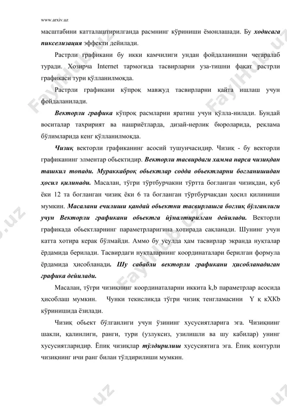 мконияти бу компьютер (монитор ва видеокарта) ва операцион тизимнинг хусусиятидир. у пикселларда ўлчанади ва экранга тўлиқ жойлашадиган тасвир ўлчамларини кўрсатади. принтерни хал қилиш имконияти- бирлик узунликка чоп қилиш мумкин бўлган белгилар сонини билдирувчи принтер ху-сусиятидир. у dpi ларда ўлчанади. тасвирни хал қилиш имконияти бу тасвирнинг ўзини хусу-сияти. у хам дюймдаги нуқталар сони билан ўлчанади ва тасвирни график мухаррирда ёки сканерда яратиш чогида берилади. уни қиймати тасвир файлида сақланади. тасвирнинг табиий ўлчами пикселларда ёки узунлик бирлигида ўлчанади. у тасвирни яратиш чогида берилади ва файлда сақланади. агар тасвир экранда ҳосил қилинадиган бўлса, унинг табиий ўлчамини пикселларда, қогозда бўлса-узунлик бирликларида берилгани маъқул. тасвир ранглари билан ишлаётганда рангни хал қилиш им-кониятини ранг чуқурлиги ва ранг модели тушунчасидан фойдаланилади. рангни хал қилиш имконияти рангли ахборотни кодлаш усулини аниқлайди. оқ-қора тасвирни кодлашда ҳар бир пикселнинг рангини бериш учун бир битдан ажратса етарли. рангни тасвирлаш учун 1 байт хотира ажратиласа 256 хил , 2 байт ажратилса 65536 …