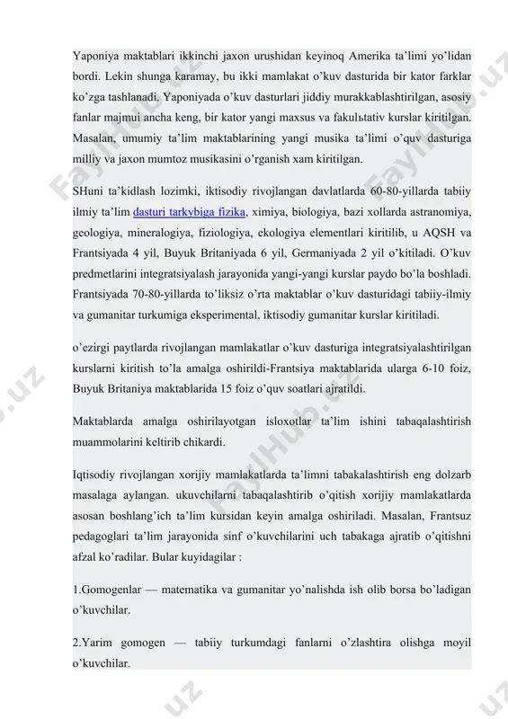 ayonida yangi-yangi kurslar paydo bo’la boshladi. frantsiyada 70-80-yillarda to’liksiz o’rta maktablar o’kuv dasturidagi tabiiy-ilmiy va gumanitar turkumiga eksperimental, iktisodiy gumanitar kurslar kiritiladi. o’ezirgi paytlarda rivojlangan mamlakatlar o’kuv dasturiga integratsiyalashtirilgan kurslarni kiritish to’la amalga oshirildi-frantsiya maktablarida ularga 6-10 foiz, buyuk britaniya maktablarida 15 foiz o’quv soatlari ajratildi. maktablarda amalga oshirilayotgan isloxotlar ta’lim ishini tabaqalashtirish muammolarini keltirib chikardi. iqtisodiy rivojlangan xorijiy mamlakatlarda ta’limni tabakalashtirish eng dolzarb masalaga aylangan. ukuvchilarni tabaqalashtirib o’qitish xorijiy mamlakatlarda asosan boshlang’ich ta’lim kursidan keyin amalga oshiriladi. masalan, frantsuz pedagoglari ta’lim jarayonida sinf o’kuvchilarini uch tabakaga ajratib o’qitishni afzal ko’radilar. bular kuyidagilar : 1.gomogenlar — matematika va gumanitar yo’nalishda ish olib borsa bo’ladigan o’kuvchilar. 2.yarim gomogen — tabiiy turkumdagi fanlarni o’zlashtira olishga moyil o’kuvchilar. 3.gegeron — barcha predmetlarni xar xil saviyada o’zlashtiradigan o’quvchilar va xokazo. tabaqalashtirish jarayoninig yangi muxim yo’nalishi to’ldiruvchi ta’limni rivojlantirish bo’lib qolmokda. to’ldiruvchi maktablar paydo bo’lishining sababi, aqsh va g’arbiy yevropada o’zlashtirmovchi xamda ulgurmovchi o’quvchilarning ko’payib …