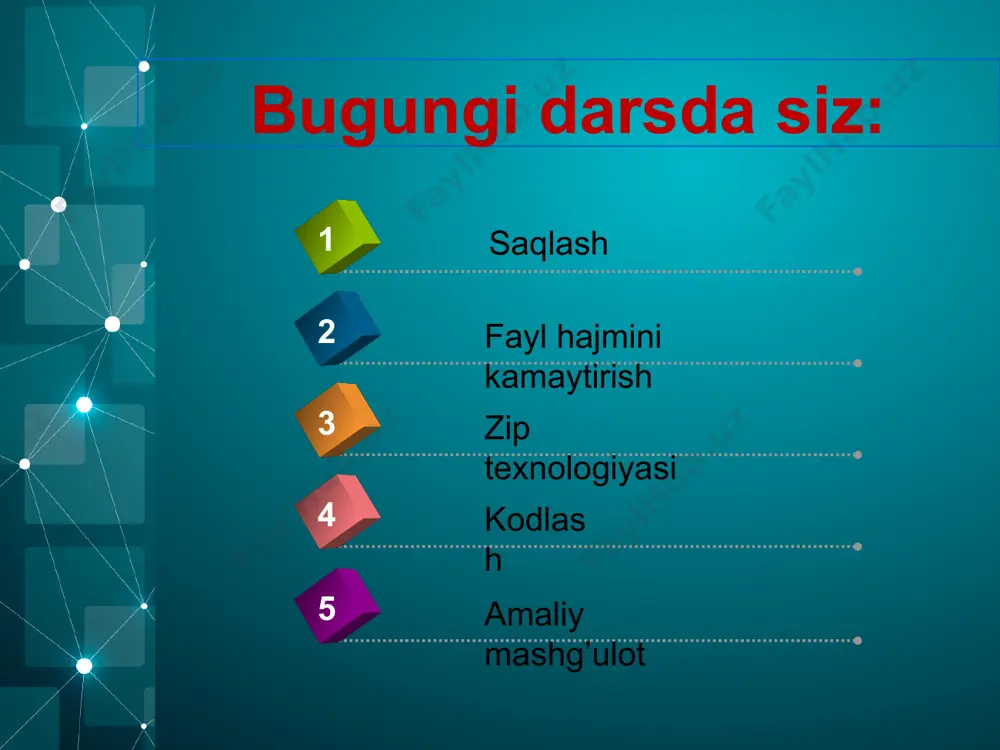 saqlanib qolmaydi. masalan, tasvir moviy osmondan iborat boʻlishi mumkin va bunda koʻk rangining farqlari shunchalik sezilarliki, inson koʻzi ularni ilgʻay olmaydi, shuning uchun baʼzi o‘zaro o‘xshash ranglar yoʻqoladi. siqishdan so‘ng maʼlumotlar hayotiy ko‘rinishga ega bo‘ladi, chunki asosiy ranglar mavjud bo‘lib, ularga yaqin rang bilan birlashtiriladi. joint photographic experts group (jpeg) – bu yoʻqotishli siqish texnologiyasidan foydalanadigan fayl kengaytmasiga misol bo‘ladi. rgb rang modulidagi asosiy ranglarning kodlanishi matnni kodlash .txt fayl kengaytmasidan foydalanish – matnni qanday saqlanganini bilmasdan ham matnli faylni almashinish mumkin ekanligini anglatadi. agar matnli faylni boshqa dasturlash tilidan foydalanuvchi insonlar yoki boshqa kompyuter tizimlari foydalanuvchilari bilan almashmoqchi bo‘lsangiz hamda ochish yoki saqlash amallarini bajarish uchun standart fayl kengaytmasidan foydalangan ma‘qul. sizning ekraningizdagi matn matnli fayl shaklida saqlansa ham kompyuter xotirasida raqamli qiymat sifatida saqlanadi va kompyuter bu qiymatni siz oʻqiy oladigan belgiga oʻgiradi. buni kodlash standarti yordamida amalga oshiradi kodlash standarti – biror belgi terilganda, ushbu matnli belgiga …
