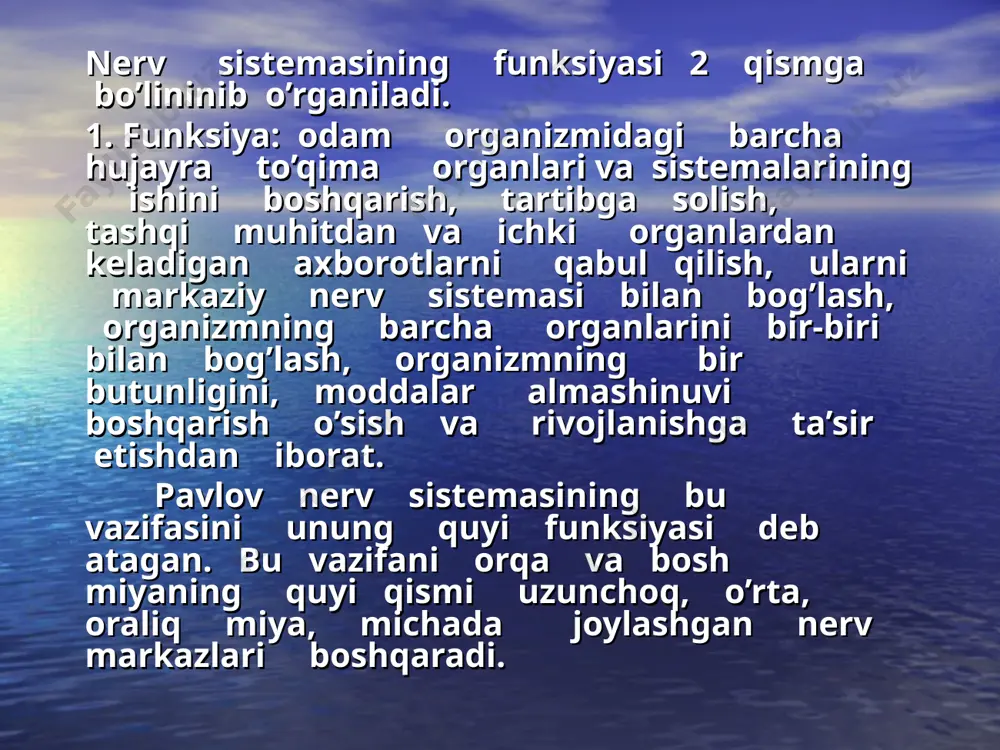 da va ichki organlarda joylashgan nerv tugunchalari kiradi. nerv sistemasining periferik qismi nerv tolalaridan iborat. bajaradigan vazifasiga ko’ra nerv sistemasi 2 qismga: 1. sogmatik nerv. 2. vegetativ nerv tizimiga bo’linadi. odam tanasining sezgi organlari skilet muskullari ishini boshqaradi. vegetativ nerv tizimi ichki organlar nafas olish, qon aylanish, ovqat hazm qilish, ayirish, oshqozon va ichki sekretiya bezlari ishini bajaradi. nerv tizimi nerv hujayralari va nerv tolalaridan tashkil topgan. nerv hujayralari neyron deyiladi. neyron kalta shoxlangan dendritlar va bitta uzun o’simta aksondan iborat. nerv sistemasining tanalari uning dendritlari to’planib qo’l rang moddani hosil qiladi. miyaning oq moddasi miyaning parda bilan qoplangan aksonlardan iborat. neyronlar tashqi tomondan parda membrana bilan qoplangan. nerv tolasining xususiyati: 1) qo’zg’aluvchanlik.2) o’tkazuvchanlik. qozg’aluvchanlik organizmning tashqi va ichki muhitdan kelkadigan ta’sirida javob reaksiyasi qobilyati. o’tkazuvchanlik qo’zg’aluvchanlikni o’tkaza olish xususiyati. ta’sirot berilgandan so’ng nerv tizimida fiziologik prosess yuz beradi. bu hodisa qo’zg’alish deb ataladi. bu qo’zg’alish nerv bo’ylab o’tkaziladi. muskul …