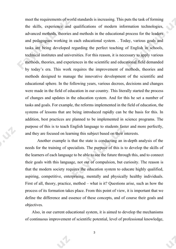y are focused on learning this subject based on their interests. another example is that the state is conducting an in-depth analysis of the needs for the training of specialists. the purpose of this is to develop the skills of the learners of each language to be able to see the future through this, and to connect their goals with this language, not out of compulsion, but curiosity. the reason is that the modern society requires the education system to educate highly qualified, aspiring, competitive, enterprising, mentally and physically healthy individuals. first of all, theory, practice, method – what is it? questions arise, such as how the process of its formation takes place. from this point of view, it is important that we define the difference and essence of these concepts, and of course their goals and objectives. also, in our current educational system, it is aimed to develop the …