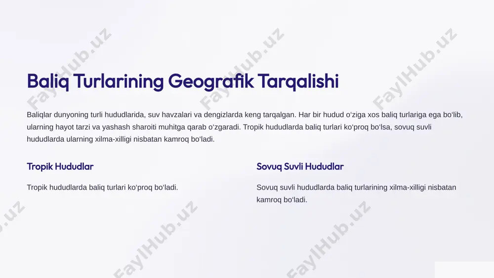 ‘liq. masalan, tropik hududlar yuqori biomahsuldorlikka ega bo‘lib, bu hududlarda baliq populyatsiyalari yuqori darajada saqlanadi. yuqori biomahsuldorlik tropik hududlar yuqori biomahsuldorlikka ega bo‘lib, bu hududlarda baliq populyatsiyalari yuqori darajada saqlanadi. past biomahsuldorlik ifloslanish va boshqa antropogen omillar baliqlarning biomahsuldorligini pasaytiradi. 11 image1.png image2.png image3.png image4.png image5.png image6.png image7.png image8.png image9.png image10.png image11.png image12.png image13.png image14.png image15.png image16.png image17.png image18.png image19.png image20.png image21.png image22.png image23.png image24.png image25.png