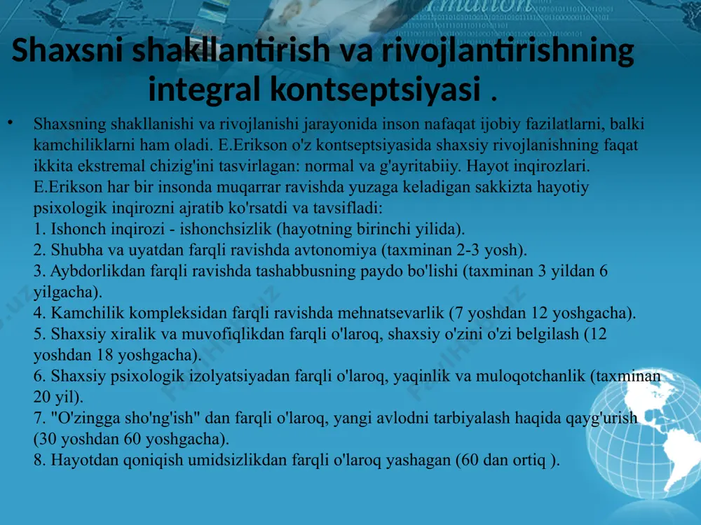 iyat, o'zini o'zi boshqarish) b.g.ga ko'ra shaxsiyat tuzilishi. ananiev b.g. ananev shaxs tuzilishi quyidagi xususiyatlarni vujudgaga keldi, deb hisoblaydi: munosabatlarning tuzilishi va dinamikasi. shaxsning o'zaro bog'liq xususiyatlarining ma'lum bir majmuasi; psixofiziologik funktsiyalarning dinamikasi va organik ehtiyojlarning tuzilishi, shuningdek, individual xususiyatlar deb ataladi; maqom va ijtimoiy funktsiyalar-rollar; xulq-atvor motivatsiyasi va qiymat yo'nalishlari; inson xarakterining tuzilishida o'zgarishlar mavjud: passivlik, asabiylashish kuchayadi, keyin u tajovuzkorlikka aylanishi mumkin. shaxsning degradatsiyasining belgilari: asosiy narsaga diqqatni jamlash qobiliyati yo'qoladi, vaqt o'tishi bilan u yo'qoladi, his-tuyg'ular inhibe qilinadi, odam alohida yashaydi, o'z hayoti. shaxsning tanazzulga uchrashi inson qiyofasini, mantiqiy va hushyor fikrlash qobiliyatini yo'qotishdir. demans shaxsiyat degradatsiyasining jiddiy oqibati bo'lishi mumkin ekstraversiya va introversiya shaxsiy xususiyatlar sifatida, mos ravishda, insonning dunyoga, boshqa odamlarga nisbatan ochiqligi yoki izolyatsiyasini ifodalaydi. ekstravert bo'lsa, biz doimo va hamma joyda atrofda sodir bo'layotgan narsalarga alohida qiziqish ko'rsatadigan ochiq odam bilan muomala qilamiz. introvert holatida, aksincha, biz insonning barcha e'tiborini o'ziga qaratishini va …