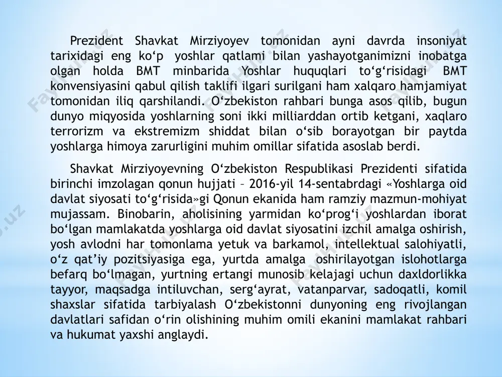 oitlar yaratishga yo‘naltirilgan. uchinchi tashabbus – aholi va ва yoshlar o‘rtasida kompyuter texnologiyalari va internetdan samarali foydalanishni tashkil etishga qaratilgan. to‘rtinchi tashabbus – yoshlar ma’naviyatini yuksaltirish, ular o‘rtasida kitobxonlikni keng targ‘ib qilish bo‘yicha tizimli ishlarni tashkil etishga yo‘naltirilgan. beshinchi tashabbus – xotin-qizlarni ish bilan ta‘minlash masalalarini nazarda tutadi. davlat rahbarining bu ezgu g‘oyasi o‘zbekiston xalqi, ayniqsa, yoshlari tomonidan katta qiziqish bilan qarshi olinib, qisqa vaqt ichida mamlakat bo‘ylab keng quloch yozdi. kelgusida real hayotga keng joriy etiladigan ushbu besh tashabbusga ko‘ra, hududlardagi madaniyat markazlari, musiqa va san’at maktablarining moddiy-texnik bazasi va ulardan foydalanish holati keskin yaxshilandi, yoshlarning qiziqishidan kelib chiqib, qo‘shimcha yana 1,5 mingta to‘garak tashkil etildi. hatto eng chekka qishloqlardagi madaniyat markazlarida ham badiiy-havaskorlik jamoalari, yoshlar teatr-studiyalari va “yoshlar klublari” faoliyati yo‘lga qo‘yildi. shuningdek, mamlakat miqyosidagi 12 mingdan ziyod sport inshootiga yoshlarni maksimal darajada qamrab olish choralari ko‘rilib, barcha umumta’lim maktablari sport anjomlari bilan to‘liq jihozlandi. shu bilan birga, …
