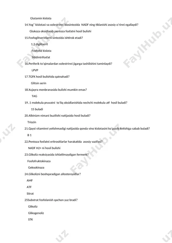 hida qanday ferment ishtirok etadi? fosforillaza 27.oksidlovchi fosforillasnish yoq bulganda,kribs sikidagi atf molekulalar soni? 1 28.glikozadan glikogen biosiztezining fermentlari? glukogen sintetaza fosfglukomutaza geksokinaza 29.mushak to”qimasida glukoliz miqdori qo’shilishi bilan kamayadi? atf sitrat 30.to’yinmagan yog’ kislotalari ? olin kislota araxidon 31.kalmodulin bu? hujayra ichidagi ca ulovchi oqsil 32. fruktoza 6 fosfat hosil buladi? glukoliz glikogenoliz pentosfasfat gulikoneogenezi 33.qanday maxsulotlar to’g’ridan- to’g’ri glukoza6 fosfat hosil bulishi mumkin? fruktoza 6 fosat glukoza 6 fosfoglukogon glukoza 1 fosfat 34.tanadagi saxaroza faqatgina bulishi mumkin? ichaklada 35.qon oqimiga kiradigan laktat yana glukozaga aylanadi? jigar 36.glikogenez turi(girke kasalligi ferment yetishmovchiligi bilan bog’liq)? glukoza 6 fosfat 37.insulin yetishmovchiligi bilan birga keladi? giperglikonemiya glikozuriya ketonimiya ketonuriya 38.makro iqtisodiy birikmmalar? 1,3 bifosfoglitserat atsetil koa cuksinil koa 39.piruvat kislotaning oksidlovchi dekarboksillashuviga aloqador koenzimlar? nad+ koa fad tpf 40.fosfofruktokinaza 1 ? faollashtirilgan amf 42.glukoza konserntratsiyasining pentoz fasfat yo’lining birinchi frmenti? glukoza 6 fosfat degidrognaza 43.qaysi fermentlar jigarda mavjud va mushakda yo’q? gulukoza …