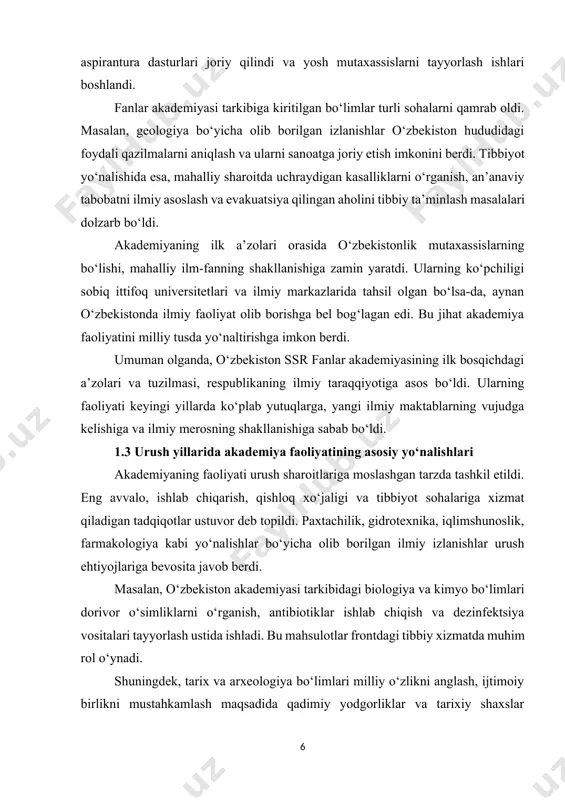 ihat akademiya faoliyatini milliy tusda yo‘naltirishga imkon berdi. umuman olganda, o‘zbekiston ssr fanlar akademiyasining ilk bosqichdagi a’zolari va tuzilmasi, respublikaning ilmiy taraqqiyotiga asos bo‘ldi. ularning faoliyati keyingi yillarda ko‘plab yutuqlarga, yangi ilmiy maktablarning vujudga kelishiga va ilmiy merosning shakllanishiga sabab bo‘ldi. 1.3 urush yillarida akademiya faoliyatining asosiy yo‘nalishlari akademiyaning faoliyati urush sharoitlariga moslashgan tarzda tashkil etildi. eng avvalo, ishlab chiqarish, qishloq xo‘jaligi va tibbiyot sohalariga xizmat qiladigan tadqiqotlar ustuvor deb topildi. paxtachilik, gidrotexnika, iqlimshunoslik, farmakologiya kabi yo‘nalishlar bo‘yicha olib borilgan ilmiy izlanishlar urush ehtiyojlariga bevosita javob berdi. masalan, o‘zbekiston akademiyasi tarkibidagi biologiya va kimyo bo‘limlari dorivor o‘simliklarni o‘rganish, antibiotiklar ishlab chiqish va dezinfektsiya vositalari tayyorlash ustida ishladi. bu mahsulotlar frontdagi tibbiy xizmatda muhim rol o‘ynadi. shuningdek, tarix va arxeologiya bo‘limlari milliy o‘zlikni anglash, ijtimoiy birlikni mustahkamlash maqsadida qadimiy yodgorliklar va tarixiy shaxslar faoliyatini o‘rganishga alohida e’tibor qaratdi. ushbu izlanishlar, o‘z navbatida, urush yillaridagi ruhiy-axloqiy muhitni ko‘tarishga xizmat qildi. fanlar akademiyasining …