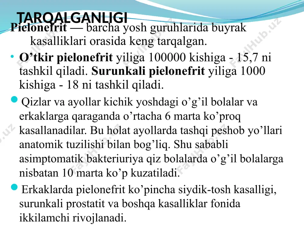 n kechuvchi, vaqti-vaqti bilan qo’zib turuvchi, keyinchalik parenxima sklerozlanishiga, gipertoniya va sbye rivojlanishiga olib keluvchi kasallikdir. surunkali pielonefrit klinikasi o’tkir pielonefrit uchun kasallikning to’satdan namoyon bo’lishi va tana haroratining 39-40 °c gacha oshishi xosdir. gipertermiya ko’p terlash, ishtahaning yo’qolishi, kuchli holsizlik, bosh og’rig’i, ba’zan ko’ngil aynishi va qayt qilish bilan birga kechadi. haroratning ko’tarilishi bilan bir vaqtda bel sohasida o’tmas og’riq (odatda bir tomonlama) paydo bo’ladi. jismoniy ko’rikda bel sohasi bosib ko’rilganda og’riq namoyon bo’lishi kuzatiladi (pasternatskiy alomatining ijobiyligi). mushaklarda og’riq, bosh og’rishi og’iz shilliq qavati quruqligi (dastlab bir oz keyinchalik doimiy) yuzida shish 70% gacha bemorlarda aqb ko’tarilishi ruхiy bo’shashish yuz kerkishi teri qoplamlari rangparligi siydik loyqa bo’ladi yoki qizg’ish tus oladi. dizuriya poliuriya nikturiya kam simptomli yoki latent kechishi kasallik tasodifan yoki boshqa kasallik bo’yicha tekshiruvlarda, yoki asoratlari (ag, uremiya, siydik-tosh kasalligi) rivojlanganda aniqlanishi mumkin. pielonefritni aniqlash uchun quyidagi faktlarga ahamiyat berish lozim: pielonefrit bilan ko’pincha ayollar kasallanadilar …