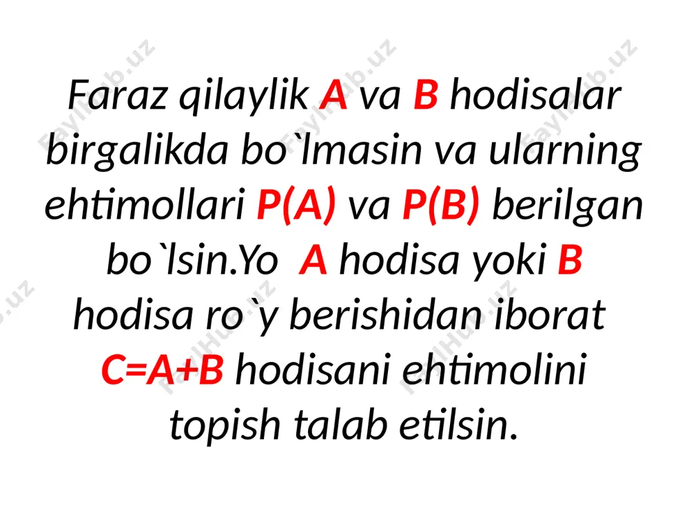 rish ehtimolliklari uchun ushbu formula o`rinlidir. p(abc)=p(a)*(b)*(c) (7) misol.36 talik o`yin kartasidan ketma-ket 2 ta karta olingan.ushbu a) ikkalasi ham valet b) biri valet,ikkinchisi dama bo`lish hodisalarini ehtimollari topilsin.yechish.ushbu hodisalarni kiritamiz: a-birinchi karta valet,b-ikkinchi karta valet,c-ikkinchi karta dama. yechish.masala shartiga ko`ra p(ab)=? p(ac)=? talab etilgan ehtimolliklarni shartli ehtimol formulasidan topiladi: p(ab)=p(a)*p(b/a)= p(ac)=p(a)*p(a/c)= birgalikda bo`lgan hodisalar uchun ehtimollarni qo`shish teoremasi. bitta tajribada ikkita hodisadan birining ro`y berishi ikkinchisini ro`y berishini inkor etmasa,bu hodisalar birgalikda deyiladi.aytaylik a va b birgalikda bo`gan hodisalar bo`lib, p(a),p(b) va p(ab) ehtimollar berilgan bo`lsin. a+b,ya`ni a va b hodisalardan kamida bittasining ro`y berish ehtimolini topish talab etilsin. teorema. birgalikda bo`lgan ikkita hodisadan bittasini ro`y berish ehtomli shu hodisalarning ehtimollari yig`indisidan ularning birgalikda ro`y berish ehtimolini ayrilganiga tengdir: p(a+b)=p(a)+p(b)-p(ab) (6) misol.ikkita o`yin soqqasini tashlashdan iborat tajribada kamida bitta soqqada 6 ochko tushish ehtimol topilsin. yechish:a-birinchi soqqada 6 ochko tushish hodisasi bo`lsin.b-ikkinchi soqqada 6 ochko tushish hodisasi bo`lsin.c=a+b hodisa …