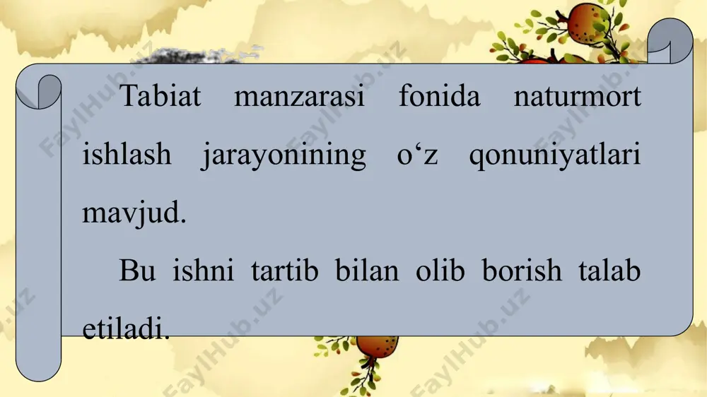 di, soya va reﬂekslar unchalik ko‘p bo‘lmaydi va predmetlarning o‘z rangi yaqqol, ochiq-oydin ko‘rinadi. tabiat manzarasi fonida naturmort ishlash mavzusida naturmortchi rassomlardan x.matiss, van-gog, r.ahmedov asarlaridan deraza oldida va tabiat manzarasida qo‘yilgan naturmort namunalari misol bo‘la oladi.
