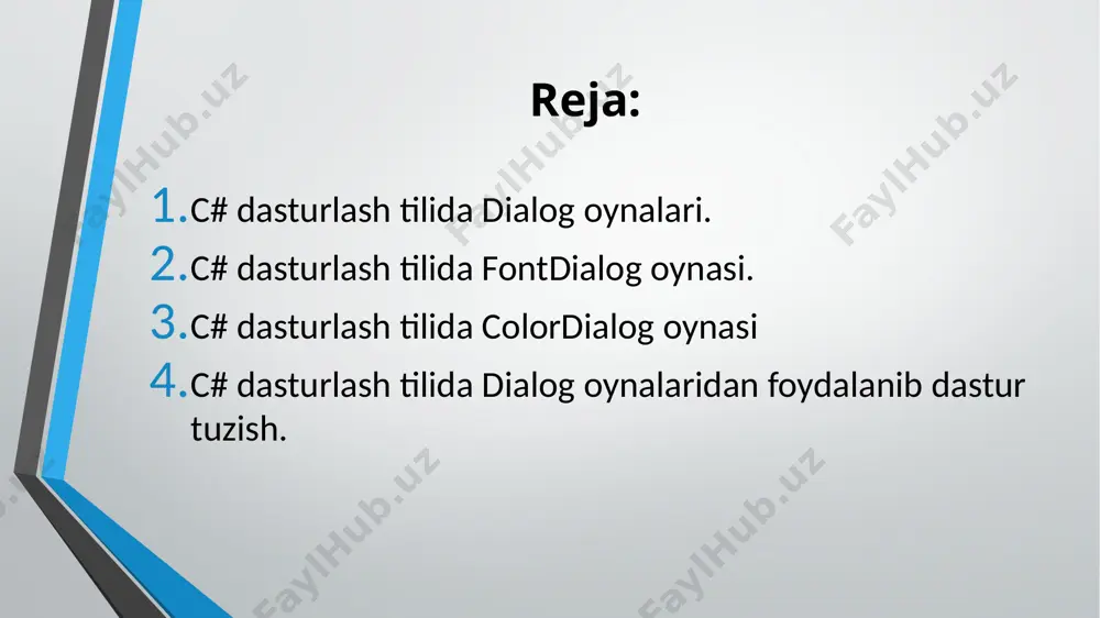 ash. richtextbox ga fayl ochish uchun openfiledialog dan foydalanamiz fayl ochish va saqlash. menuda fayl-> ochish nu ustiga ikki marta bosamiz va quyidagi kodni yozamiz: fayl ochish va saqlash. biror kishi rtf dan boshqa formatdagi faylni ochaman desa dasturimiz xato bermasligi uchun xatolikni to’g’rilashga xarakat qilamiz. matn shriftini o’zgartirish tahrirlash menusiga yangi shrift degan punkt qo’shamiz tahrirlash->shrift ustiga bosilganda quyidagi kod yoziladi: matn rangini o’zgartirish tahrirlash menusiga yangi color degan punkt qo’shamiz tahrirlash->color ustiga bosilganda quyidagi kod yoziladi: fon rangini o’zgartirish tahrirlash menusiga fon punkti kiritiladi. fon ustiga 2 marta chertib quyidagi kodni yozamiz: e’tiboringiz uchun rahmat. image2.png image3.png image4.png image5.png image6.png image7.png image8.png image9.png image10.png image11.png image12.png image13.png image14.png image15.png image16.png image17.png image18.png image19.png image20.png image21.png image22.png /docprops/thumbnail.jpeg