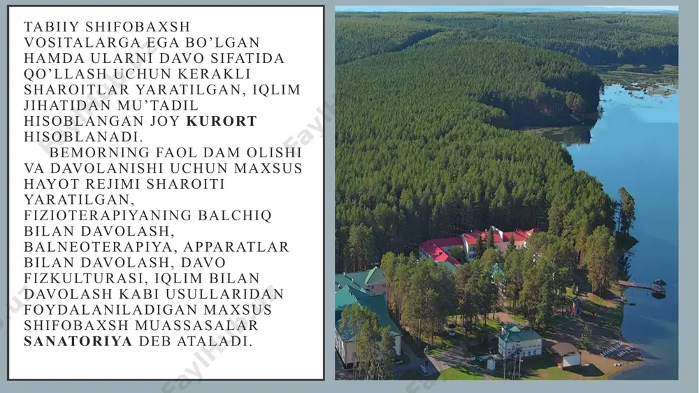 ivligi yuqori bo‘lganligi uchun havo toza va issiq bo‘ladi. havoning namligi kam bo‘lishi teri va o‘pkaning faoliyatida, suvning bug‘lanib ketishiga va organizm issiqlikni yo‘qotishiga olib keladi. periferik qonda issiqlik ta’sirida eritrotsitlar soni ko‘payadi. teridan va nafas yo‘llarining shilliq pardasidan suvning bug‘lanishi moddalar almashinuvini kuchaytiradi. bronxlar va o‘pka surunkali kasalliklarida (bronxitlar o‘choqli va bo‘lakli zotiljamda, o‘choqli sil kasalligida), surunkali ekssudativ plevritlarda cho‘l kurortlarida davolanish tavsiya etiladi.qon aylanishi buzilishi bilan kechuvchi kasalliklarda, yurakqon tomir kasalliklarida cho‘l kuro‘rtlarida davolanish mumkin emas. tog‘ iqlimli kurortlar. tog‘ iqlimida havoning harorati,namligi va kislorod bilan to‘yinishi kam bo‘ladi. havo siyraklashgan va mussafo, quyosh radiatsiyasi ultrabinafsha nurlarga boy bo‘ladi. tog‘ iqlimli kurortlar dengiz sathidan qancha balandligiga qarab iqlim xususiyatlari ko‘proq yoki kamroq ifodalangan bo‘ladi. tog‘ iqlimli kurortlar quyidagilarga bo‘linadi: past tog‘li (dengiz sathidan 500–1000 m balandlikda), o‘rtacha balandlikdagi tog‘li (dengiz sathidan 2000 m balandlikda), baland tog‘li (dengiz sathidan 2000 m yuqori balandlikda) kurortlar. bunday iqlim organizmga bevosita ta’sir …