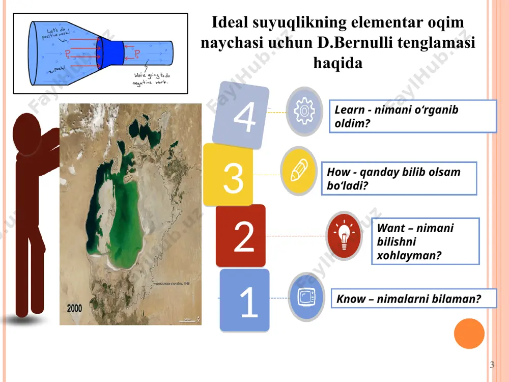 u holda xosil bo‘lgan ifodaning birinchi hadini quyidagi ko‘rinishga keltiramiz: bo‘lganligi uchun tenglamaning birinchi xadini quyidagicha yozamiz: * agar massa kuchlardan faqat og’irlik kuchi ta’sirini inobatga olsak, tenglamaning ikkinchi hadi quyidagi ko’rinishga keladi: tenglamaning uchinchi hadi, matematik analiz kursidan ma’lumki, bosimning to‘liq differensialini ifodalaydi, ya’ni aniqlangan ifodalarni tenglamaga quyib, quyidagiga ega bo‘lamiz: xosil bo‘lgan ifodani integrallab quyidagini olamiz: yoki ekanligini hisobga olib, oqim uchun bernulli tenglamasi quyidagicha yoziladi: d.bernulli tenglamasida qatnashgan hadlarni sxemasi bernulli tenglamasining geometrik va energetik ma’nolari belgi geometrik ma’nosi belgi energetik ma’nosi chizmadagi o‘rni z1 ва z2 gemetrik balandlik z1 ва z2 solishtirma xolat energiyasi pyezometrik balandlik solishtirma bosim energiyasi pzometrik napor (dam) solishtirma potensial energiya tezlik napor (dami) solishtirma kinetik energiya gidrodinamik napor (dam) solishtirma to‘la energiya napor (dam) kesimlar orasidagi yo‘ќotilgan energiya 1. rezervuardan suv diametri d=30 mm bo'lgan quvur orqali atmosfexaga oqib chiqmoqda, agar rezervuardagi manometrik bosim pm= 0,2 atmosfera bo'lib, dam (napor)i h= …