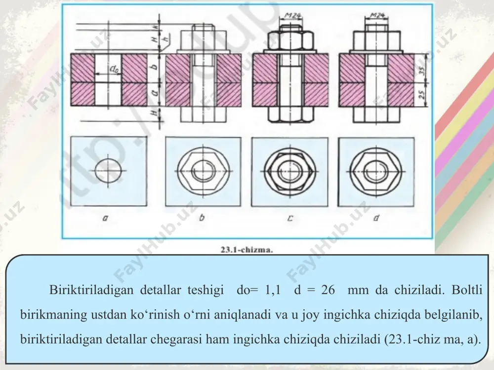 lgisidagi sonlarning balandligiga teng bo‘ladi. payvandlab tayyorlanadigan buyum (podshipnik)ning ishchi chizmasi 24.5-chizmada ko‘rsatilgan. unda ishlov berish uchun zarur bo‘ladigan o‘lchamlargina ko‘rsatiladi. detallarni parchin mixlar bilan biriktirish – ajralmas birikmaning bir turi. parchinlash jarayoni: biriktiriladigan detallarda teshik d0 = 1,1d (d – parchin mix diametri) diametrda ochiladi (24.6-chizma, a), oldindan qizdirilgan parchin mix bu teshikka kiritiladi (24.6-chizma, b), maxsus presslovchi ma-shina parchin mixning uchini parchinlaydi (25.6-chizma, c). shunda parchin mix diametri list teshigi bilan bir xil yo‘g‘onlashadi. parchinlash vositasida hosil bo‘lgan chokning chizmasi 24.6-chizma, d da ko‘rsatilgan. parchin mixlarning o‘zaro joylashishiga qarab, shaxmat tartibli va parallel choklar bo‘ladi. biriktiriluvchi listlar uchlarining joylashishiga qarab uchma-uch va ustma-ust choklarga bo‘linadi. uchma-uch choklarga tagliklar qo‘yiladi (24.7-chizma). detallari parchin mixlar bilan biriktirilgan fermaning qismi 24.8-chizmada ko‘rsatilgan. bunday chizmalarda parchin mixlarning o‘rni o‘q chiziqlar bilan almashtirilishi mumkin. ushbu ajralmaydigan birikmalar ma’lumot uchun berildi.