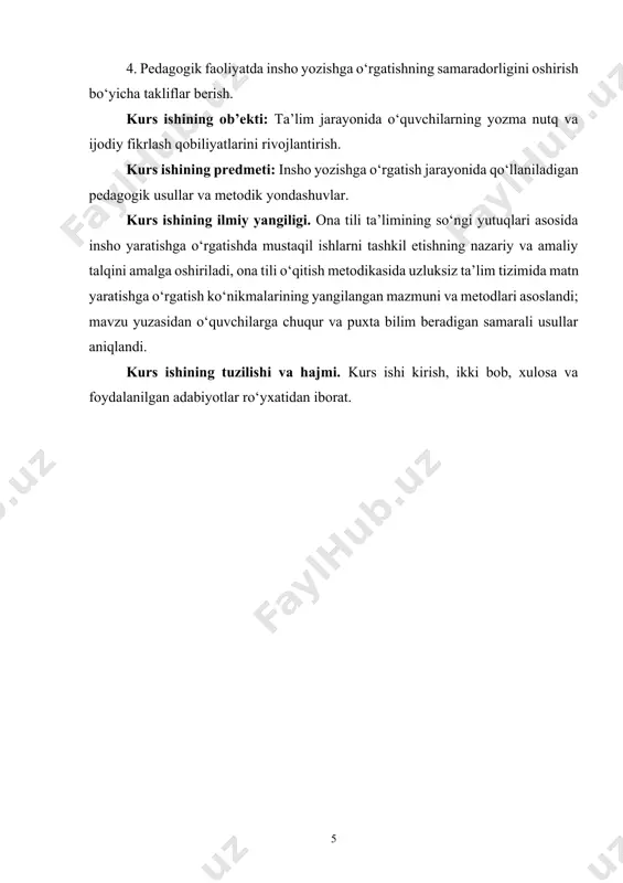 biyotlar ro‘yxatidan iborat. i bob. insho yozi̇shga o’rgati̇shni̇ng nazari̇y asoslari̇. 1.1 insho yozish tushunchasi va uning mohiyati. insho yozish — bu o‘z fikrlarini, tasavvurlarini va hissiyotlarini yozma shaklda izchil, mantiqiy tarzda bayon qilishdir. insho yozishning asosiy vazifasi o‘quvchilarga o‘z fikrlarini aniq va tushunarli ifodalashni o‘rgatishdir. insho yozish jarayonida o‘quvchi avvalo o‘z fikrini mantiqiy ravishda rivojlantiradi, so‘ngra uni izchil va bog‘liq tarzda ifodalaydi. insho yozishning o‘ziga xos jihati shundaki, u o‘quvchilarga o‘z fikrlarini to‘g‘ri va mantiqiy ravishda asoslashni o‘rgatadi. insho yozishning turli turlari mavjud: erkin insho: o‘quvchi mavzu bo‘yicha o‘z fikrini erkin tarzda ifodalaydi. bu turdagi insholar ko‘pincha ijodiy ravishda yoziladi va unda o‘quvchining shaxsiy fikri asosiy ahamiyatga ega bo‘ladi. dalillovchi insho: bu turdagi insholarda o‘quvchi ma'lum bir fikrni dalillar yordamida asoslaydi. o‘quvchi o‘z fikrini o‘rganilayotgan mavzu yoki masala bo‘yicha isbotlaydi. tahliliy insho: o‘quvchi muayyan masalani chuqur tahlil qiladi, turli nuqtai nazarlardan qarab, xulosalar chiqaradi va o‘z fikrini asoslaydi. insho yozishning …