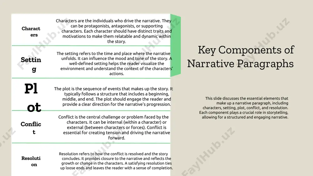 raph is a form of writing that tells a story or recounts events in a structured way. its primary purpose is to engage readers by providing a sequence of events that convey a clear message or theme. narrative paragraphs are essential in storytelling as they help establish the plot, develop characters, and create emotional connections with the audience. through descriptive details and a logical flow, they enhance the overall narrative structure, making the story more compelling and immersive. an example of a narrative paragraph can be found in f. scott fitzgerald's "the great gatsby," where the protagonist, nick carraway, reflects on the lavish parties at gatsby's mansion, capturing the essence of the era and the complexity of social interactions. photo by aaron burden on unsplash examples of effective narrative paragraphs narrative paragraphs are essential in storytelling as they engage readers and develop themes. this slide presents examples from classic and …
