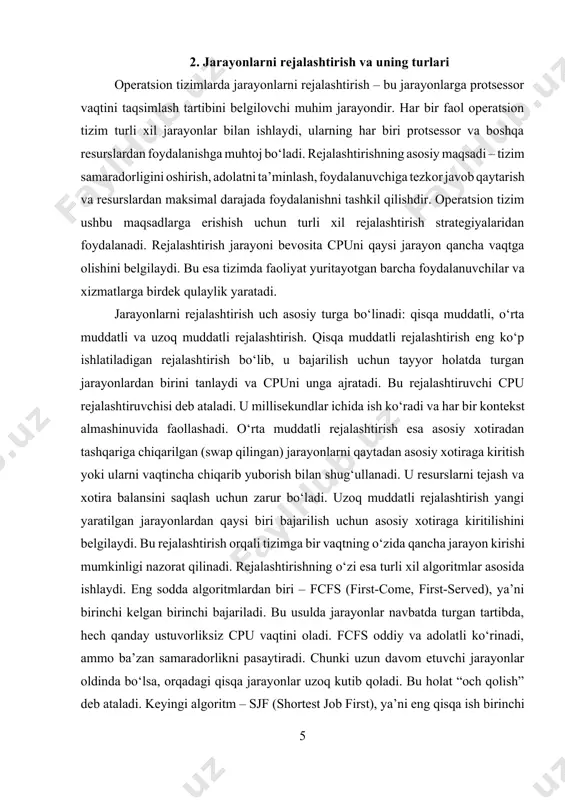 , navbatdagi jarayonga o‘tiladi. rr algoritmi adolatni saqlaydi va barcha jarayonlarga teng imkoniyat beradi. ayniqsa interaktiv tizimlar uchun foydalidir. rrning asosiy kamchiligi – juda qisqa kvanta belgilansa, tizim kontekst almashinishiga ko‘p vaqt sarflaydi, bu esa samaradorlikni pasaytiradi. prioritetli rejalashtirish algoritmi esa har bir jarayonga ma’lum bir ustuvorlik darajasini belgilaydi. ustuvorligi yuqori bo‘lgan jarayonlar birinchi bajariladi. bu usul foydalanuvchi muhim deb hisoblagan yoki tizim uchun zarur jarayonlarga tez xizmat ko‘rsatadi. biroq, past ustuvorlikka ega jarayonlar uzoq kutib qolishi mumkin. bu muammoni hal qilish uchun ustuvorlikni dinamik ravishda oshirish usullari mavjud, ya’ni uzoq vaqt kutgan jarayonning ustuvorligi avtomatik oshiriladi. bu orqali och qolish muammosi oldi olinadi. jarayonlarni rejalashtirish tizim samaradorligini oshirishda beqiyos ahamiyatga ega. rejalashtirish algoritmlari tanlanayotganda operatsion tizimning turi, foydalanuvchilar soni, jarayonlarning xususiyati, real vaqt talablar va resurslar hisobga olinadi. masalan, real vaqt tizimlarida qat’iy vaqt chegarasi mavjud bo‘lib, bunda rr algoritmi unchalik samarali emas, balki ustuvorlik yoki vaqt cheklovli algoritmlar …