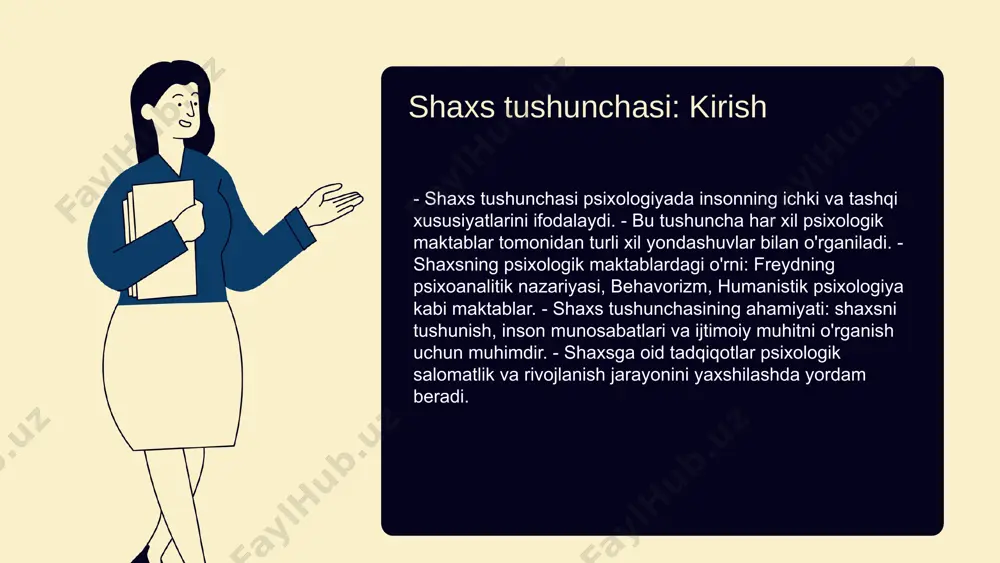 ko'rsatadi. shaxs nazariyalari: taqqoslash va tahlil psixoanaliz va biheviorizm shaxs rivojlanishida muhim rol o'ynaydi. psixoanaliz ichki omillarga, masalan, ongsiz motivlar va oilaviy tajribalarga e'tibor qaratadi. biheviorizm esa tashqi omillarga, masalan, muhit va o'qitish usullariga asoslanadi. har ikki yondashuv shaxsning o'zini anglashiga va rivojlanishiga ta'sir qiladi, lekin ularning uslublari keskin farq qiladi. gumanistik yondashuv shaxsning o'zini anglash jarayoniga e'tibor beradi va shaxsning o'z potentsialini ro'yobga chiqarishiga yordam beradi. kognitiv yondashuv esa fikrlash va qaror qabul qilish jarayonlarini o'rganadi. nazariyalar o'rtasida farqlar mavjud, masalan, ichki va tashqi omillar ta'siri, lekin barchasi shaxs rivojlanishiga ta'sir etadi. 1 2 xulosa 1. har xil psixologik maktablar shaxs nazariyalarini o'rganish va shaxs tushunchasining ahamiyatini ko'rsatadi. 2. asosiy nazariyalar: psixoanaliz, biheviorizm, gumanistik va kognitiv psixologiya shaxsning rivojlanishi va xulq-atvoriga ta'sir etadi. 3. psixologik nazariyalar o'rtasidagi farqlar va o'xshashliklar, shaxsning ichki va tashqi omillarga qanday ta'sir qilishi haqida muhim ma'lumotlar beradi. 4. har bir maktabning o'ziga xos yondashuvi …