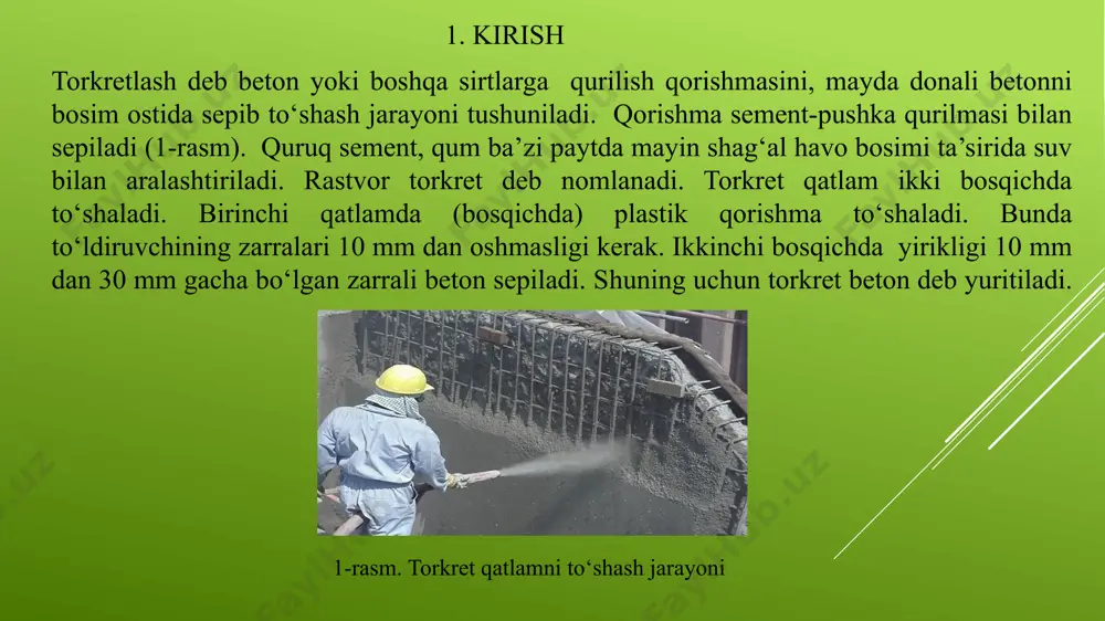 torkretlash jarayoni va xavfsizlik qoidalari ish jarayoni bosqichlari : tayyorlov: yuzani chang, yog‘, eski suvoqlardan tozalash va kerak bo‘lsa namlash. tayyor aralashmani yuklash: quritilgan aralashma bunkerga solinadi. purkash: havo bosimi orqali aralashma sirtga purkaladi (1–1.5 m masofada, 90° burchakda). sirtni tekislash: qo‘l vositalari yoki silliqlagich bilan. parvarish: yangi qoplamani nam saqlab, yorilishini oldini olish. ⚠️ xavfsizlik qoidalari: himoya vositalarini taqish: kaska, niqob, ko‘zoynak, qo‘lqop. kompressorni ishlatishda ehtiyot bo‘lish. nozulga yaqin joyda odam turmasligi kerak. har bir ish oldidan uskunalarni sinab ko‘rish va tozalash zarur. 2.4 torkretlash jarayoni va xavfsizlik qoidalari torkretlash jarayoni odatda devorga yotqizilayotgan betonning undan sachrab orqaga qaytib tushish jarayoni bilan birga kechadi. devordan qaytib tushgan beton (qorishma) "urilib qaytgan" qism deb ataladi. sepilgan betonning devordan urilib qaytishi betonning tarkibiga (yirik zarralarning kattaligiga) devor tomon sepilish bosimining kinetik energiyasiga bog‘liq bo‘ladi. qo'llashning dastlabki bosqichida aralashmaning deyarli barcha zarralari sirtdan sachrab qaytadi va unda faqat sement va mayda to‘ldiruvchi …