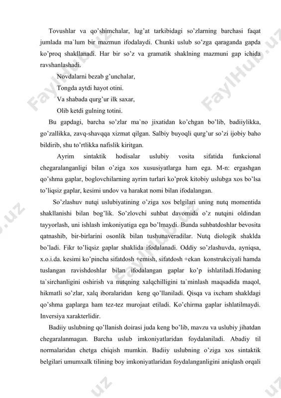 juda keng bo’lib, mavzu va uslubiy jihatdan chegaralanmagan. barcha uslub imkoniyatlaridan foydalaniladi. abadiy til normalaridan chetga chiqish mumkin. badiiy uslubning o’ziga xos sintaktik belgilari umumxalk tilining boy imkoniyatlaridan foydalanganligini aniqlash orqali ochiladi. sifatlovchilar keng qo’llaniladi. retorik so’roq, undov gaplar sintaktik figuralar ko’p qo’llaniladi so’z tartibida sub`ektiv tartibga keng yo’l beriladi, gaplar so’zlashuv uslubiga xosdir. tilning sintaktik vositalari nutqqa boy stilistik imkoniyatlaridan hisoblaniladi. har bir uslubning o’ziga xos sintaktik belgilari bo’ladi. ilmiy uslubga xos biror-bir matn sintaksisini dramatik asarlardagi so’zlashuv nutqi sintaksisidan farqlash oson. ilmiy uslub uchun fikr-aniq logik izchillik bilan ifoda etish xosdir. bunda isbot va xulosa, konkret material va uni umumlashtirishi sabab va natija munosabatlari o’zaro bog’lik holda ifodaniladi. ilmiy asarlarda isbot aniq bayon qilinishi lozimligi uchun qam to’lik gaplardan foydalinadi. to’liqsiz gap fikrning anikqigiga putur etkazadi. ot-kesimlar, qaratuvchi-qaralmish, birikmalari ko’p qo’llaniladi. so’z tartibiga amal qilinadi. qo’shma gap va uning murakkab ko’rinishlari keng qo’llaniladi. bir bosh bo’lakli gaplardan shaxsi …