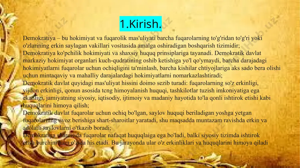 ik hokimiyati, fuqarolar teng huquqliligi, ular huquq va erkinliklari himoyalanganligi, konstitutsiya va qonunlarning ustuvorligi, hokimiyatning boʻlinishi, davlat boshligʻi va vakolatli organlarning saylab qoʻyilishidir. demokratiyaning bevosita demokratiya (asosiy qarorlar yigʻilishlarda bevosita barcha fuqarolar tomonidan yoki referendumlar yoʻli bilan qabul qilinadi) va vakillik demokratiyasi (qarorlar saylab qoʻyiladigan organlar tomonidan qabul qilinadi) shakllari bor. kishilik jamiyati paydo boʻlgandanoq, demokratiyaning kurtaklari bor edi va u hozir eng taraqqiy etgan mamlakatlarda ham oʻzining soʻnggi choʻqqisiga erishganicha yoʻq. davlat bilan birga vujudga kelgan demokratiya insoniyat tarixi davomida turli milliy-madaniy shart-sharoitlarga moslasha borgan. har bir davlatda, millatda oʻziga xos qadriyatlar, mentalitet, anʼanalar mavjuddir. ular jamiyatdagi demokratik jarayonlarga katta taʼsir koʻrsatadi, binobarin demokratik muassasalarni shakllantirishda mazkur omillar, albatta, hisobga olinadi. 2.demokratiya tushunvchasi va uning mohiyati. tarixiy taraqqiyot jarayonida “demokratiya” tushunchasi shaklan va mazmunan boyib, takomillashib kelgan. bu jarayon bugungi kunda ham davom etmoqda. zero, demokratiya eng rivojlangan davlatlarda ham yuqori takomil nuqtasiga, ideal darajasiga yetgani yo‘q. chunki demokratiya …