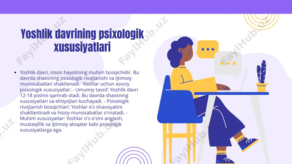 o'rganish va muammolarni aniqlashda muhim ahamiyatga ega. ularning natijalari, samarali yordam va resurslarni taqdim etadi. yoshlar ruhiy holatini o'rganish usullari intervyu va so'rovnomalar yoshlarning ruhiy holatini o'rganish uchun intervyu va so'rovnomalar samarali usullardir. bu metodlar yoshlarning his-tuyg'ularini va tajribalarini to'plashga yordam beradi. kuzatish va eksperimentlar kuzatish va eksperimentlar yoshlarning ruhiy holatini chuqur o'rganish uchun muhimdir. bu usul yordamida ular haqidagi ma'lumotlar aniq va to'liq to'planadi. psixometrik testlar psixometrik testlar yoshlarning ruhiy holatini baholashda muhim rol o'ynaydi. ular individual xususiyatlarni o'lchash va tahlil qilishda foydalaniladi. ruhiy holatni o'rganishda texnologiyalar zamonaviy texnologiyalar va ularning roli zamonaviy texnologiyalar, masalan, sun'iy intellekt va ma'lumotlar tahlili, ruhiy holatni o'rganishda muhim ahamiyatga ega. ular psixologik testlar va baholash jarayonlarini tezlashtiradi. mobil ilovalar va onlayn platformalar mobil ilovalar, masalan, meditasiya va ruhiy salomatlikni yaxshilash uchun mo'ljallangan platformalar, foydalanuvchilarga o'z ruhiy holatini kuzatish va boshqarishda yordam beradi. texnologiyalarning afzalliklari va cheklovlari texnologiyalar ruhiy sog'liqni o'rganishga innovatsiyalar olib keladi, …