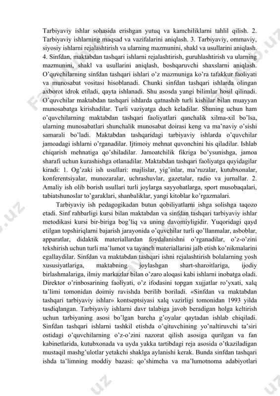 rishi. 2. tanlangan mavzular milliy va umuminsoniy qadriyatlar qamrovida bo’lishi. 3. tarbiyaviy tadbirlar uzviylik qoidasiga amal qilgan bo’lishi. 4. mavzular o’quvchilarning yoshi va bilim saviyasiga mos bo’lishi. tarbiyaviy tadbirlarni rejalashtirishda «milliy istiqlol g’oyasi: asosiy tushuncha va tamoiyllari» dasturi. o’zbekiston respublikasi «kamolot ijtimoiy harakati» dasturi mos qilib olindi. quyidagi keltirilgan reja taxminiy bo’lib, o’z shartsharoitingizga qarab ijodiy o’zgarishlar kiritish mumkin. 1. vatan g’ururi – kamolot mulkining asosi (i-ii sinflar uchun). a) tug’ilgan uy, ko’cha, shahar va o’lkalarining tarixi. b) bir bolaga yetti qo’shni ota-ona ekanligi. v) atrof tabiatidagi o’simliklarning nomi va uni muhofaza qilish. g) o’lka tarixiga oid (tarixiy, obidalar, kimlar yashagan, iqtisodiy boyligi, san’ati va kelajak rejalar) ma’lumotlar. e) kindik qoni to’kilgan joyning tuprog’i aziz hissini singdirish. 2. turmush madaniyati a) sharqona oila. b) ota-ona mehri, ularning borligidan fahrlanish. v) oilada sharqona urf-odatlar, an’analar qonun va qoilalarga amal qilish. g) qariyalar tarixini o’rganish, ularning yaxshi fazilatlari bilan chuqurlashish va g’amxo’rlik …