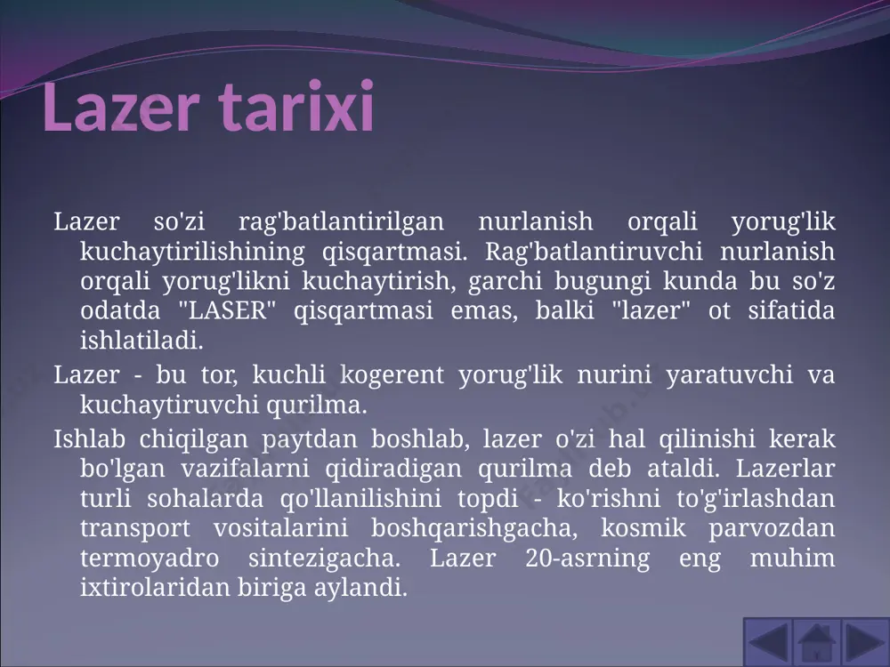 . turli to'lqin uzunliklari va energiya darajalarining lazer nurlanishining biologik to'qimalarga ta'sir qilish mexanizmlarini o'rganish lazerli tibbiy ko'p funktsiyali asboblarni yaratishga imkon beradi, ularni klinik amaliyotda qo'llash doirasi shu qadar keng bo'ldiki, javob berish juda qiyin. savol: lazerlar qanday kasalliklarni davolash uchun ishlatilmaydi? lazerlarni biotibbiyotda qo'llashning zamonaviy yo'nalishlari chuqur suvsizlanish, to'qimalarning bug'lanishi va ularda nuqson paydo bo'lishi (dermatologiya, onkologiya) uchun etarli bo'lmagan quvvat zichligida impulsli yoki uzluksiz lazer nurlanishining patologik markazning to'qimalariga ta'siri. uzluksiz yoki chastotali-davriy lazer nurlanishi ta'sirida to'qimalarning bir qismi bug'langanda va unda nuqson paydo bo'lganda (jarrohlik) to'qimalarning parchalanishi. tanadagi ma'lum biokimyoviy va fiziologik o'zgarishlarga olib keladigan kam energiyali nurlanishning to'qimalar va organlarga ta'siri (fizioterapiya, yara bitishini biostimulyatsiya qilish, trofik yaralar). lazerlarni tibbiyotda qo'llash sohalari: kosmetik jarrohlik ; ko'rishni tuzatish; jarrohlik (ginekologiya, urologiya, laparoskopiya); stomatologiya kasalliklarning diagnostikasi o'smalarni, ayniqsa miya va orqa miyani olib tashlash kosmetologiyada lazerlar kosmetologiyada lazerlarni qo'llash sohalari: epilasyon qon tomirlari va pigmentli teri nuqsonlarini …