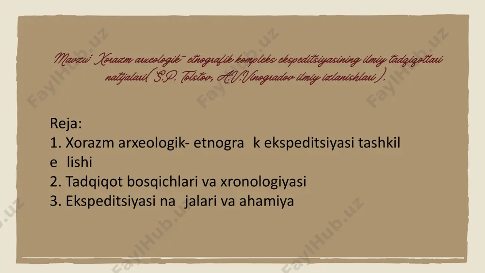 amoniylar qal’asi) kabi yodgorliklar kiradi; qoʻyqirilgan qalʼa (aylana shaklidagi qal’a, miloddan avvalgi iv asr – milodiy iv asrga oid); quyisoy madaniyatining bir necha qismlari (koʻzaliqir va boshqalar) va jetiosor madaniyati (milodiy 1-ming yillik) va oʻrta asrlar koʻhna urganch shahri (eramizning x – xiv asrlari). har tomonlama oʻrganilgan manzilgohlarning aksariyat qismini turar-joylar tashkil etgan boʻlsa-da, ekspeditsiya koʻplab qabr va maqbaralarni, jumladan, sak-skiflar davriga oid tagisken va uygʻarak kabi boy va muhim qabrlarni ham qazib olgan. keyinchalik bu ish koʻlami ortib va yangi uslubiy asosda rivojlana boshlagan. xorazm ekspeditsiyasi sssrdagi eng koʻzga koʻringan va eng yaxshi jihozlangan arxeologik ekspeditsiyalardan biriga aylangan, bu yerda birinchi marta tor doiradagi ishlar turli darajalarda, keng koʻlamli texnika va usullardan foydalangan holda amalga oshirilgan. amudaryo va sirdaryoning quyi oqimida, qoraqum va qizilqum choʻllarida hozirgi oʻzbekiston, turkmaniston va qozogʻistonga tegishli boʻlgan hududlarda qazish ishlari olib borilgan. ekspeditsiya baʼzan sakkiztagacha ortib, artefaktlar ulkan hududda qidirilgan. tadqiqotda arxeolog va etnograflardan …