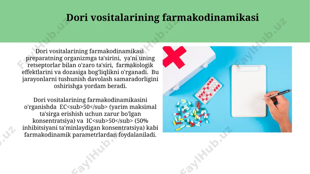 hi 19-asrda alkaloidlar kabi faol birikmalarni ajratish va tozalash texnologiyalari rivojlanishi farmakologik tadqiqotlarni tubdan o'zgartirdi va ko'plab yangi dorilarning yaratilishiga olib keldi. 20-asrning o'rtalarida antibiotiklarning kashf etilishi va keng qo'llanilishi yuqumli kasalliklarga qarshi kurashda inqilob qildi va farmakologiyada yangi davrni boshlab berdi. tibbiy retseptlarni yozish qoidalari har bir dori vositasining nomi, dozasi (mg, g, ml), berilish shakli (tabletka, in’ektsiya, sirop) va qoʻllanish usuli retseptda aniq va ravshan yozilishi kerak. tibbiy retseptlarni yozishda shifokor bemorning fio, tugʻilgan yili va yoshi, shuningdek, retseptning raqami va sanasini aniq koʻrsatishi shart. bemorlarga dori vositalarini tayinlash dori vositalarini tayinlashda, ayniqsa, bir vaqtning oʻzida bir nechta dori qabul qilinganda, dori oʻzaro taʼsirlarini inobatga olish va ularning potentsial xavflarini baholash, masalan, 2-3 xil dori oʻzaro taʼsiri 50% ga koʻpayishi mumkin. koʻpgina dorilarning terapevtik indeksi tor boʻlganligi sababli, preparatning toʻgʻri dozasini aniqlash va bemorning individual reaktsiyasini kuzatish muhimdir, bu esa nojoʻya taʼsirlarni kamaytirishga yordam beradi. e'tiboringiz uchun rahmat …