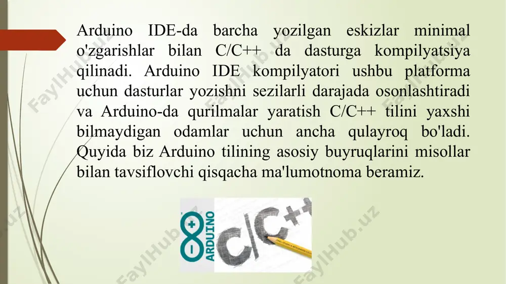 asr sonlarining aniqligi 6-7 ta raqamni tashkil qiladi - bu o'nlik kasrlar soni emas, balki raqamlarning umumiy soni. yangi boshlanuvchilar uchun arduino dasturlash tili jadvalda batafsil keltirildi. arduino mikrokontrolleri c/c++ tiliga asoslangan tilda dasturlashtirilgan. arduino dasturlash tili c++ tilining bir variantidir, boshqacha aytganda, alohida arduino dasturlash tili mavjud emas. arduino-ni dasturlash c++ ga qaraganda ancha sodda ekanligini unutmang. e’tiboringiz uchun rahmat! image5.jpeg image6.jpeg image7.jpeg image8.jpeg image3.jpg image4.jpg /docprops/thumbnail.jpeg