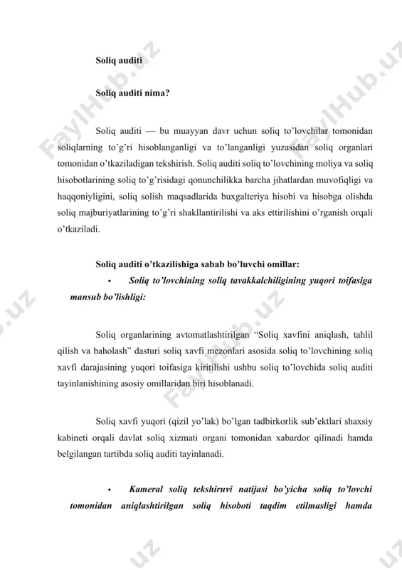zon bo’yicha ball berish davlat soliq qo’mitasi tomonidan soliq to’lovchilarning iqtisodiy faoliyat turi bo’yicha segmentlanishi va soliq davri uchun olingan daromad miqdoriga qarab belgilanadi. soliq xavfi darajasiga qarab soliq to’lovchilar maxsus dastur orqali soliq xavfi darajasini aniqlash mezonlari uchun belgilangan ballar va potentsial soliq xavfi asosida baholanadi hamda toifalarga ajratiladi. ko’pgina soliq xavfi darajasi mezonlari maxfiy axborot sifatida tan olingan, ammo quyida keltirilgan mezonlar ochiq ma’lumot sifatida ma’lum qilingan: - soliq yuki; - ilgari taqdim etilgan soliq hisobotlariga bir necha bor (bir hisobot davri uchun uch va undan ortiq marta) o’zgartirish va qo’shimchalar kiritilishi; - soliq hisobotida bir necha soliq davridagi (ikki va undan ortiq) zararlar aks ettirilishi; - soliq davri davomida soliq to’lovchining joylashgan joyi bir necha bor (ikki va undan ortiq marta) o’zgartirilishi va keyinchalik qayta ro’yxatdan o’tkazilishi; - qo’shilgan qiymat solig’i bo’yicha guvohnomasi bekor qilingan (ro’yxatdan chiqarilib tashlangan), shuningdek, tugatilgan, faoliyatini amalga oshirmayotgan, bankrot deb topilgan shaxslar …
