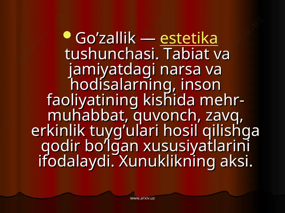 sonning hayotda uyg’un ijtimoiy aloqalar o’rnatishga bo’lgan intilishini tushunganlar. gegel fikriga ko’ra, tabiatdagi g. dan san’at go’zalligi mukammalroq, chunki unda timsol va g’oya o’zining mutlaq uyg’unligini topadi. chernishevskiy ta’kidlashicha, hayot — g.dir, inson hayoti, ehtiyoji va maqsadiga mos tushuvchi narsalar go’zaldir. www.arxiv.uz www.arxiv.uz 19—20-a. jahon estetikasidagi turli falsafiy yo’nalishlar vakillari ilgari surgan g’oyaga ko’ra, g. inson ruhiyati, qalbi va ma’naviyati b-n bog’liq tushunchadir. g. manbai — shaxs qalbidadir. www.arxiv.uz www.arxiv.uz g. — inson va hodisalarni umuminsoniy va milliy qadriyat sifatida belgilovchi ijtimoiy, ijobiy va ijodiy tushunchadir. g. ni idrok etish shaxsning jamiyatda tutgan o’rni, ongi, didi, dunyoqarashi va b. omillarga bog’liq. o’zbek tilidagi "chiroyli" so’zi estetik baho sifatida alohida buyum, narsa va shaxsni, ko’pincha tashqi belgilar va shakllarning mutanosibligi, uygunligini nazarda tutsa, g. so’zi inson ongidagi tushunchani, tasavvurni, idealni ifodalaydi. www.arxiv.uz www.arxiv.uz tarixiy taraqqiyot natijasida har bir xalq o’zining g. ideali va tushunchasiga ega bo’ladi. bu tushunchalardagi mushtarak insoniyma’naviy jihatlar …