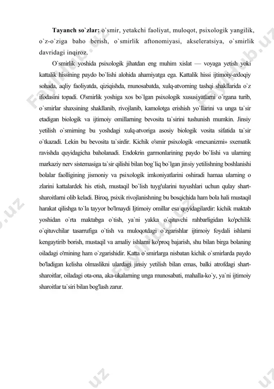 likni ulardagi jinsiy yetilish bilan emas, balki atrofdagi shart-sharoitlar, oiladagi ota-ona, aka-ukalarning unga munosabati, mahalla-ko`y, ya`ni ijtimoiy sharoitlar ta`siri bilan bog'lash zarur. mana shu ijtimoiy sharoitlarni ulardagi psixologik iqlimni o'zgartirish yo`li bilan o`smirlarning xulq-atvoriga to`g`ridan to`g`ri ta`sir ko'rsatish, yomon xulq-atvor, o`jarlik, kamchiliklari​ni tan olmaslik kabi salbiy xislatlarning oldini olishi mumkin. bu davrda o`smir baxtli bolalik bilan xayrlashgan, lekin kattalar hayotida hali o`z o'mini topa olmagan holatda bo`ladi. o`smir o`zining qobiliyati va kuchini to`g`ri baholamay turib, murakkab hayotiy masalalarni hal qilishga urinadi, ammo fikr yuritish qo​biliyati yuzaki bo`lganligi sababli kundalik hayotida qator kamchiliklarga yo`l qo'yadi. lekin u o`z xatosini tan olishdan ko`ra kattalar bilan bahslashishni afzal ko`radi. tanqid qilgan kishilarni yoqtirmaydi, har bir tanqid go`yoki uni mensimaslik belgisi, atayin qilinayotgan ish bo`lib ko`rinadi. u mustaqil, o`zboshimchalik bilan ish tutishga urinadi, kattalarning maslahatiga e`tibor bermaydi. ayrim o`smirlar o`zining kattalar safiga qo`shilganligini namoyish qilish uchun turli xil salbiy odatlarga o`rgana boshlay​dilar. o`smir xulqidagi …