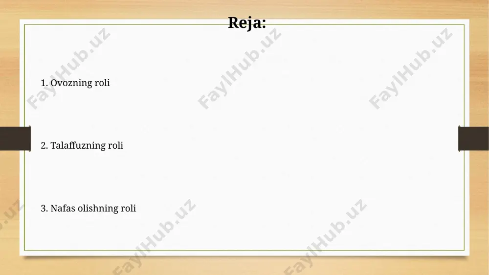 tovushning balandligi va ohangi ohangning ko'tarilish va tushish intervalllari, masalan, 3-5 tonna, gapning ma'nosini, his-tuyg'ularni va intonatsiyani etkazishda muhim rol o'ynaydi, matnga emotsional rang beradi. tovush balandligining 5 dan 10 gacha graduslik o'zgarishi tinglovchilarning diqqatini jalb qilish va matnning ma'lum qismlarini ta'kidlash imkonini beradi, bu esa o'qishni yanada ifodali qiladi. ovozning ahamiyati to'g'ri nafas olish texnikasi ovozning kuchini 15-20% ga oshirishi va uzun gaplarni uzluksiz, charchamasdan o'qish imkonini beradi. ovoz balandligi va tembrining o'zgarishi matn mazmunini 30% ga yaqin boyitishi va tinglovchilarni jalb qilishga yordam berishi mumkin, bu esa nutqning samaradorligini oshiradi. e'tiboringiz uchun rahmat @taqdimot_robot image7.jpg image8.jpg image9.jpg image10.jpg image11.jpg image12.jpg image13.jpg image3.png image4.png