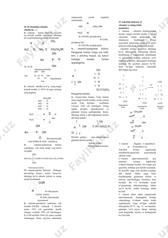 iga, jismoniy mehnat darajasiga va boshqa fiziologik holatlarga qarab o’zgarib turadi. shuningdek, organism kasallik davrida anchagina ko’p miqdorda vitamin talab qiladi. agar odam organizmida biror vitamin yetishmasa, u yoki bu xildagi kasallik kelib chiqadi. bunday kasalliklar gipovitaminoz, avitaminoz deb nomlanadi. lekin turmushda avitaminoz juda kam uchraydi. ayrim hollarda bir necha vitamin yetishmasligidan poliavitaminoz yoki ularning ko’p miqdorda iste’mol qilinishidan gipervitaminoz kasalligi ham kelib chiqadi. vitamin tabiatiga ega bo’lgan ayrim moddalar tarkibi va tuzilishi jihatidan bir-biridan ma’lum darajada farq qiladi, lekin ularning biologik ta’siri bir xil, albatta, aktivligi har xil bo’ladi. bunday hodisa vitameriya deb, o’xshash ta’sirga ega bo’lgan moddalar vitamerlar deb nomlanadi. masalan, d vitaminning 5ta vitameri- d2, d4, d3, d5 va d6. a vitaminnig 2ta vitameri- a1 va a2 bor va hokazo. lekin b guruh vitaminlar bunga kirmaydi. 33.yog’da eriydigan vitaminlar yog’da eriydigan vitaminlarga a,d,k,e va f vitaminlar guruhi kiradi. ular yog’da va organic erituvchilarda yaxshi eriydi. bu guruh …
