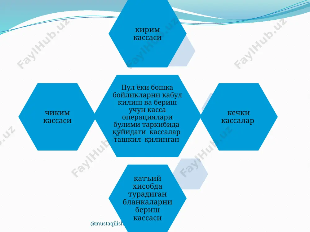 кассанинг ҳисобчи-кассирлари операция куни мобайнида ва иш куни охирида операция ўтказиш қоидаларига риоя қилишларига эътибор берилади ; касса мудири (оборот операция кассасининг кассири) иш куни мобайнидаги касса оборотлари тўғрисида 04028111-синтетик маълумотномани тузиши, ҳамда шу маълумотнома якунлари касса оборотларининг суммаларига умумий бухгалтерия дафтари ва синтетик варақча бўйича қиёсланиши; иш куни охирида бош бухгалтер (унинг муовини) оборот (операция) кассасидаги нақд пул ва бошқа бойликлар ҳисобини юритиш дафтарида кўрсатилган бойликлар қолдиғини тегишли ҳисобварақларнинг қолдиғига доир маълумотларга синтетик варақлар бўйича қиёслаши; захира фондларига қўйиладиган пулларни бойликлар бут сақланиши учун жавобгар шахслар боғламлар ва дасталар бўйича санаши, ҳамда ордерда кўрсатилган сумма билан қиёслаши керак; нақд пул, тушум солинган ва очилмаган инкассация халталари ҳамда бошқа бойликларнинг бир қисмини қабул қилиш-топшириш ва ташишда суммалар берилгани тўғрисидаги ҳужжатлар тўғри расмийлаштирилгани (имзолар борлиги) бойликларнинг колган қисми сақланиши қоидаларига риоя этилиши текширилади; @mustaqilishlar нақд пул, тушум солинган ва очилмаган инкассация халталари ҳамда бошқа бойликларнинг бир қисмини қабул қилиш-топшириш ва ташишда …