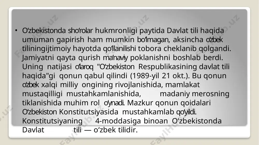 ancha vazifalarni amalga oshirish belgilandi. bu hujjat yurtimizda tilimiz rivoji, uni saqlash va rivojlantirish yo‘lida amalga oshirilayotgan ishlarni yangi bosqichga olib chiqdi. va, guvohi bo‘lib turganimizdek, mamlakatimizda ushbu hujjatda ko‘zda tutilgan vazifalarni amalga tatbiq etish borasida sezilarli ishlar olib borilyapti. ma’lumotlarga ko‘ra, dunyoda 50 milliondan ziyod aholi o‘zbek tilida so‘zlashadi. bu ona tilimizning dunyodagi yirik tillardan biri ekanidan dalolat. bugungi kunda ona tilimiz siyosiy-huquqiy, ijtimoiy-iqtisodiy, ma’naviy-ma’rifiy jabhalarda faol qo‘llanilib, jahon minbarlarida baralla yangramoqda. prezidentimizning bmt bosh assambleyasining 75-sessiyasida o‘zbek tilida nutq so‘zlashi esa tilimizning jahon miqyosidagi nufuzini yana bir bor mustahkamladi. o‘zbekiston respublikasining “davlat tili haqida”gi qonunida belgilab qo‘yilgan muhim vazifalar o‘zini shu mamlakat fuqarosiman deb bilgan inson uchun o‘zbek tilini bilishi qanchalar zarur ekanligini yaqqol ko‘rsatib turibdi. o‘zbekiston respublikasi prezidentining “o‘zbek tilining davlat tili sifatidagi nufuzi va mavqeini tubdan oshirish chora-tadbirlari to‘g‘risida” 2020 yil 21 oktyabrdagi farmoni 31 yil oldin qabul qilingan qonunda ta’kidlanganlarni unutganlar yoki bu qoidalarga xohlab- …
