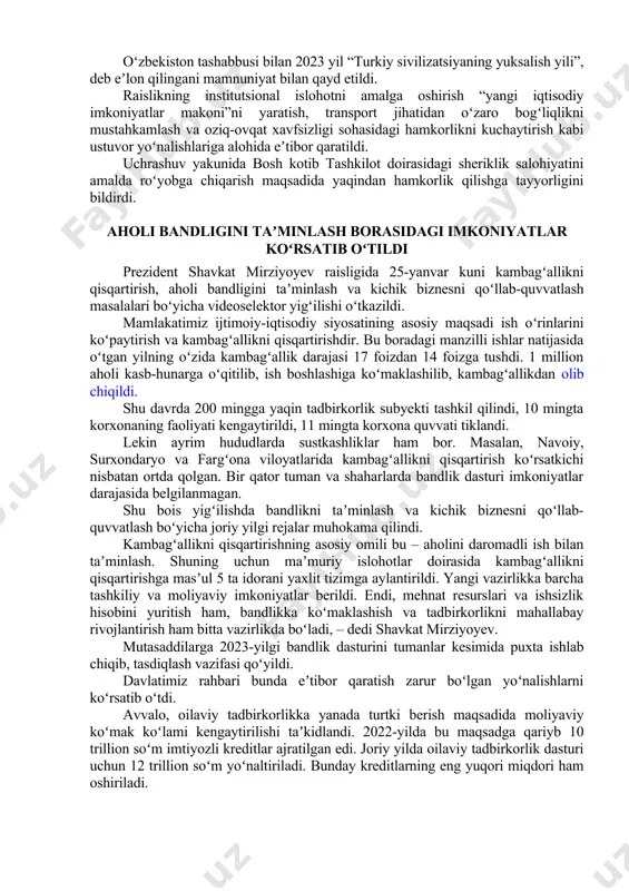 tli raisligi bilan tabrikladi. savdo, iqtisodiyot, qishloq xoʻjaligi, energetika, turizm va boshqa yoʻnalishlarda ilgari surilgan muhim tashabbuslar va oʻtkazilgan tadbirlar iht doirasidagi amaliy hamkorlikka kuchli surʼat bagʻishlagani taʼkidlandi. keyingi yillarda oʻzbekistonning tashkilotga aʼzo mamlakatlar bilan tovar ayirboshlashi 70 foizga oʻsgani, qoʻshma korxona va loyihalar soni esa 5 barobarga koʻpaygani mamnuniyat bilan qayd etildi. tashkilotning navbatdagi sammitini joriy yil noyabr oyida toshkent shahrida oʻtkazishga har tomonlama tayyorgarlik koʻrilmoqda. boʻlajak tadbir kun tartibini puxta tayyorlash muhimligi alohida taʼkidlandi. uchrashuv yakunida bosh kotib xusrav noziriy tashkilot kotibiyati iht doirasidagi koʻp qirrali hamkorlikni kengaytirish borasida yaqindan birgalikda ishlashga tayyorligini bildirdi. davlatimiz rahbarining turkiy davlatlar tashkiloti bosh kotibi kubanichbek omuraliyev bilan uchrashuvida oʻzbekistonning turkiy davlatlar tashkilotiga raisligi doirasidagi ustuvor vazifalar ijrosining borishi koʻrib chiqildi. bosh kotib tashkilot rivojida yangi davrni boshlab bergan tarixiy samarqand sammiti natijalarini yuksak baholadi. savdoni va bojxona tartibotlarini soddalashtirish, investitsiya fondini tashkil etish boʻyicha bitimlar imzolandi. samarqand “turkiy sivilizatsiya poytaxti”, deb …
