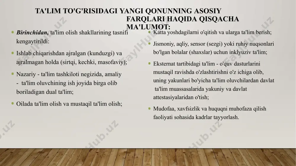 ga oshiriladi. bunda nodavlat ta'lim tashkilotlari lisenziya olingan kundan e'tiboran 5 yil davomida akkreditasiyadan o'tgan deb hisoblanadi, bu muddat tugagach, ushbu attestasiya va akkreditasiyadan o'tkaziladi. davlat akkreditasiyasidan o'tgan tashkilotlar maxsus reestrga kiritiladi, bu haqdagi ma'lumotlar ta'lim inspektsiyasining saytiga joylashtiriladi; xorijiy davlatda 1992 yil 1 yanvardan keyin olingan ta'lim to'g'risidagi hujjat tan olish, shuningdek ta'lim sohasidagi rasmiy hujjatlarga apostil qo'yish. tan olish va apostil qo'yish ham ta'lim inspektsiyasi vakolatiga kiradi; 143 ta akademik litsey 1412 ta kasb-hunar kolleji 28 ta kasb-hunar kolleji filiallari 1998-2016 yillarda o’zbekistonda bunyod etilgan o‘rta maxsus, kasb-hunar ta’limi muassasalari. o‘rta maxsus ta’lim sohasida viloyatlarda, joylarda biznes maktabi, kichik va o‘rta maktab uchun kasb-hunar kurslarining ochilishi, bozor iqtisodiyoti talablaridan kelib chiqqan holda, yangi mutaxassisliklar kiritildi. ular sohalar bo‘yicha mutasaddi tashkilotlar va oliy ta’lim muassasalariga ham biriktirilishi tufayli bu bosqichda o‘quv jarayoni samarali tashkil etilib, kollej bitiruvchilarini ish bilan ta’minlanishiga e’tibor qaratilganiga qaramay, bu borada qoniqarli natijaga erishilmadi. b) …